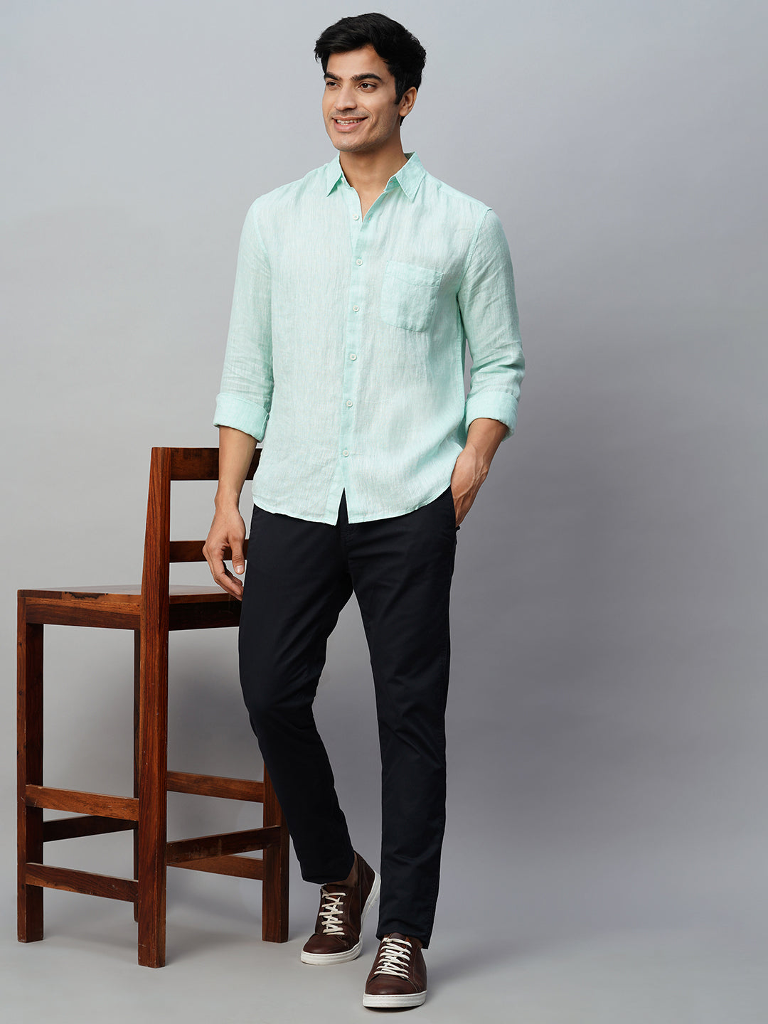 Men's Mint Green 100% Linen Regular Fit Long Sleeved Shirt