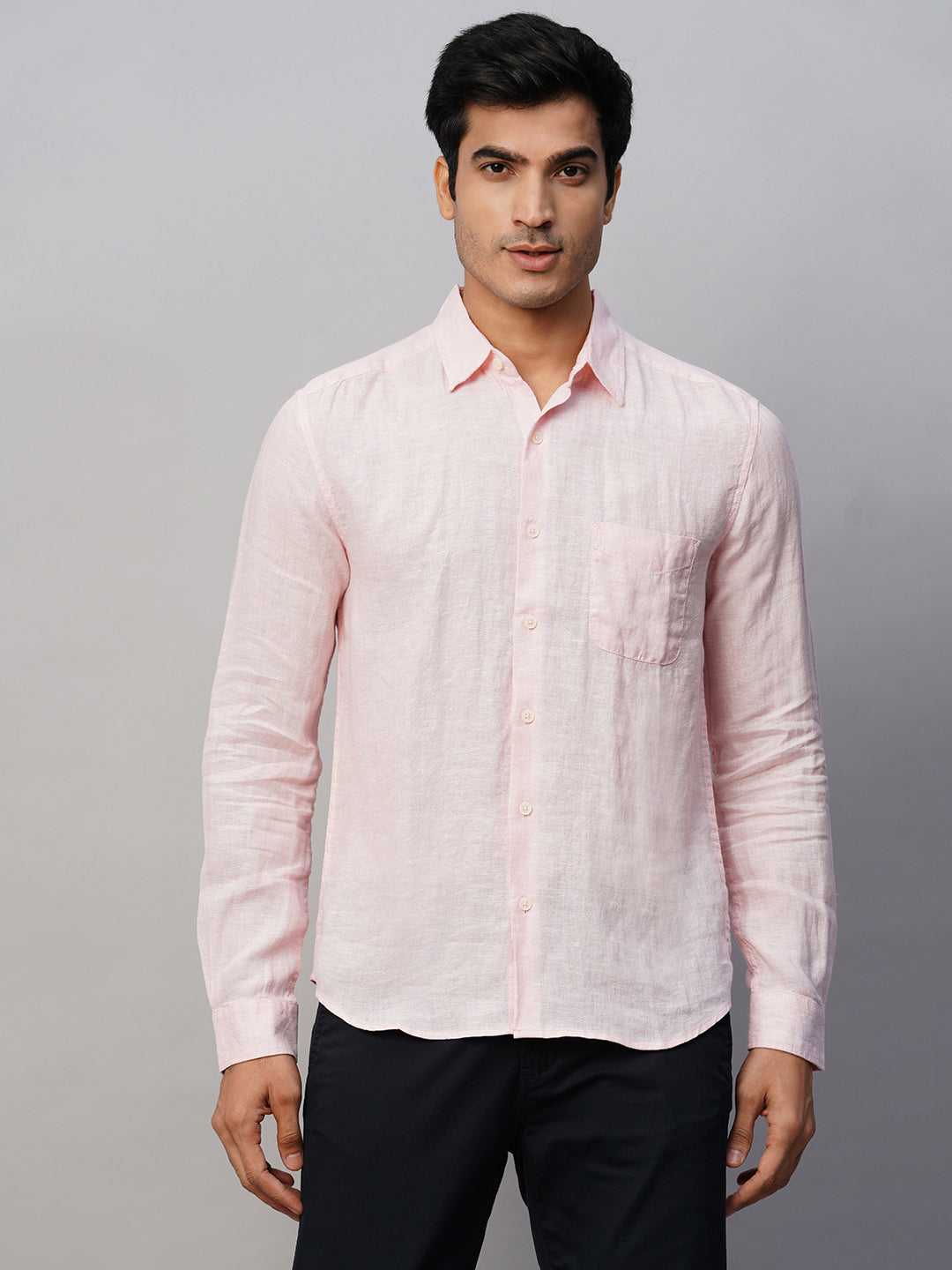 Men's Pink 100% Linen Regular Fit Long Sleeved Shirt