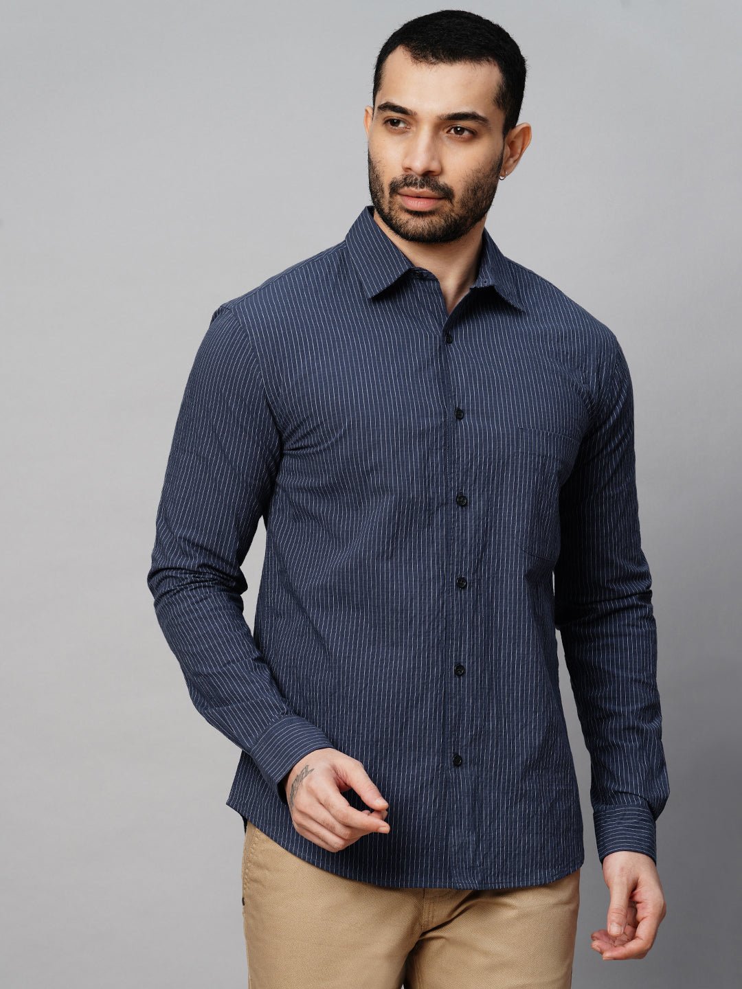 Men's Navy Cotton Lycra Regular Fit Striped Shirt