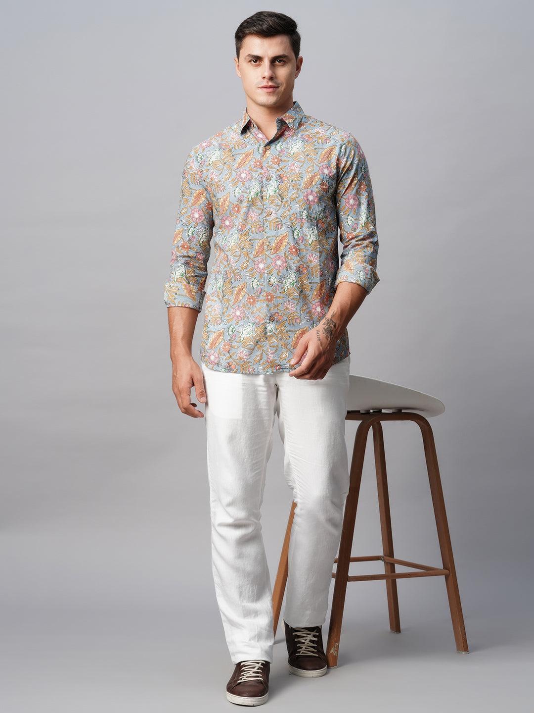 Men's Grey Cotton Regular Fit Printed Shirt