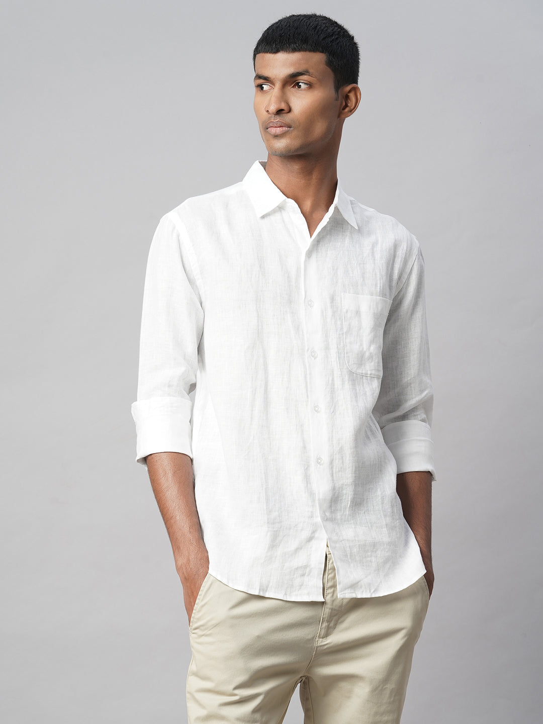 Men's White 100% Linen Regular Fit Shirt