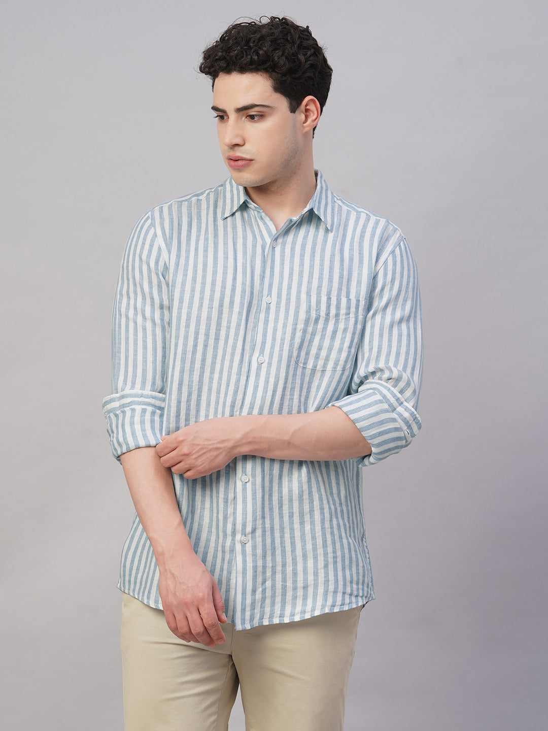 Men's Blue 100% Linen Regular Fit Shirt