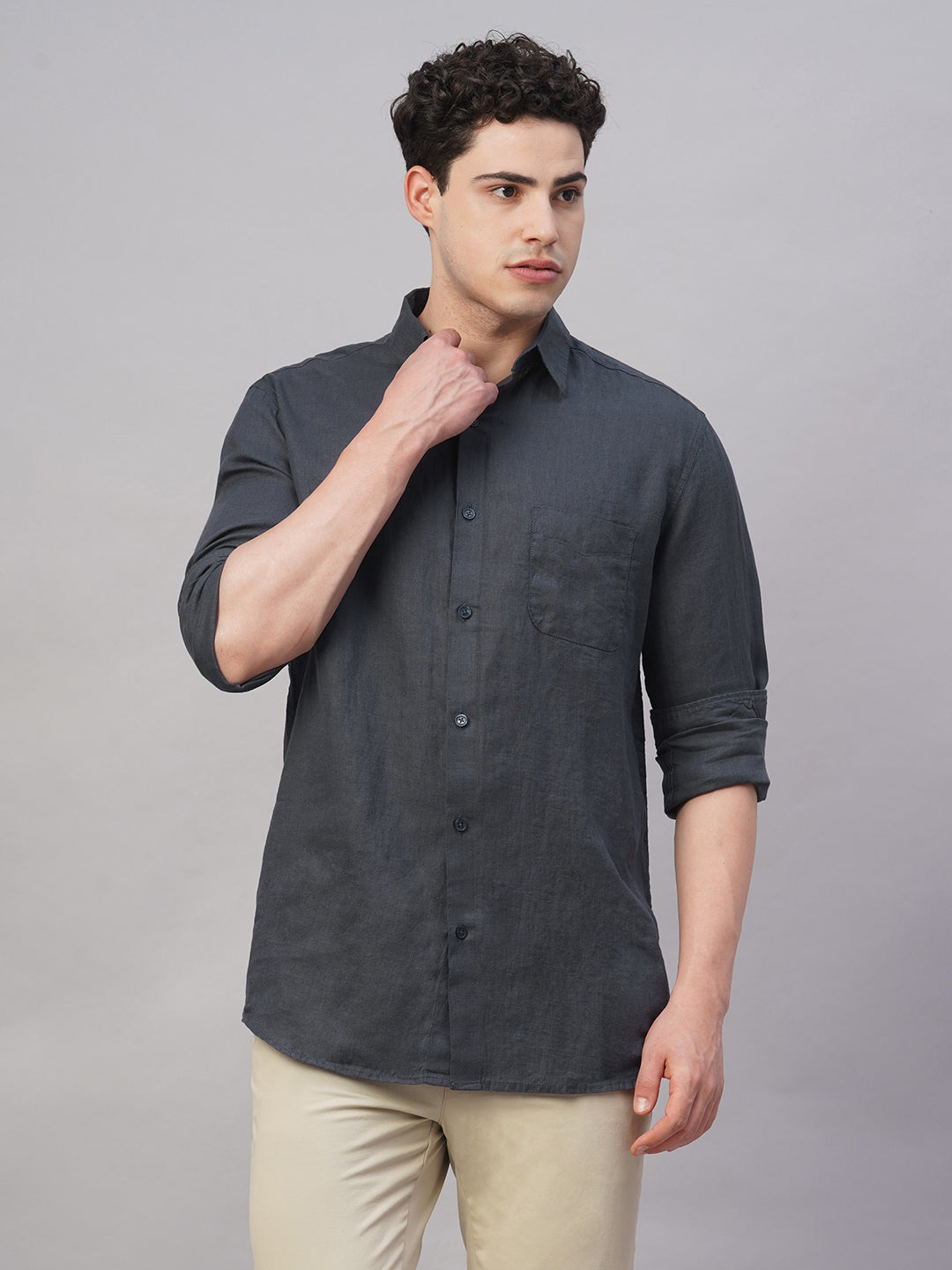 Men's Navy 100% Linen Regular Fit Shirt