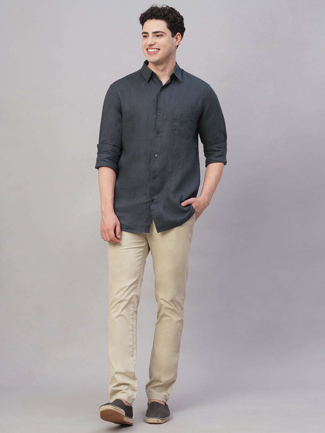 Men's Navy 100% Linen Regular Fit Shirt