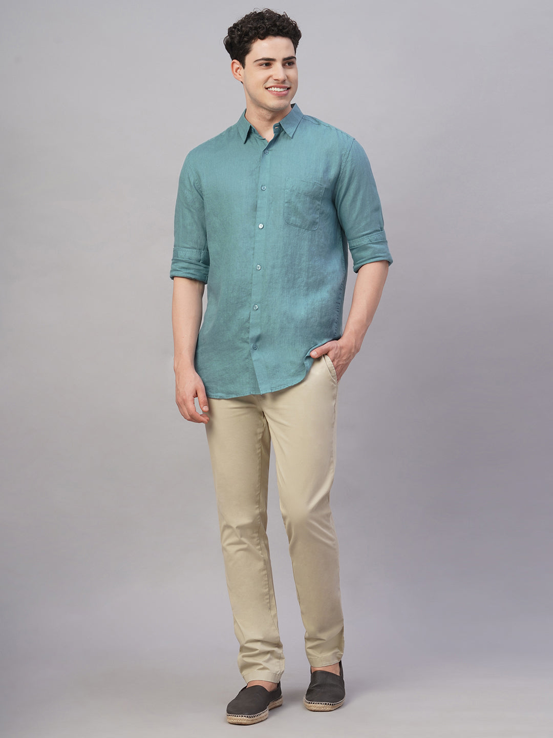 Men's Teal 100% Linen Regular Fit Shirt