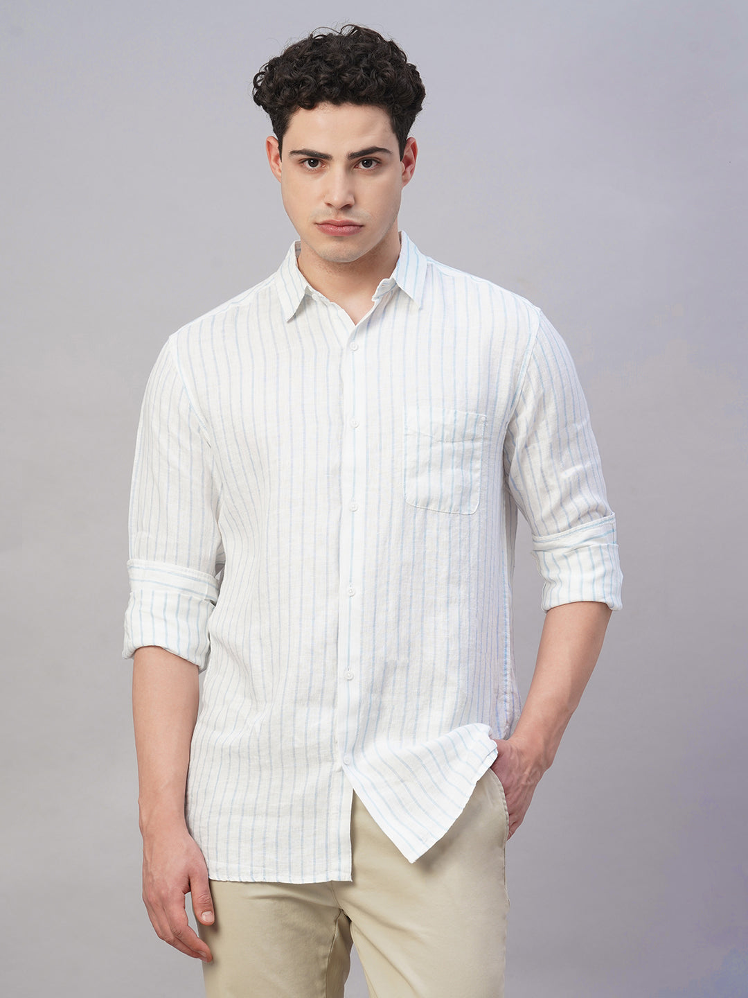Men's Blue 100% Linen Regular Fit Shirt