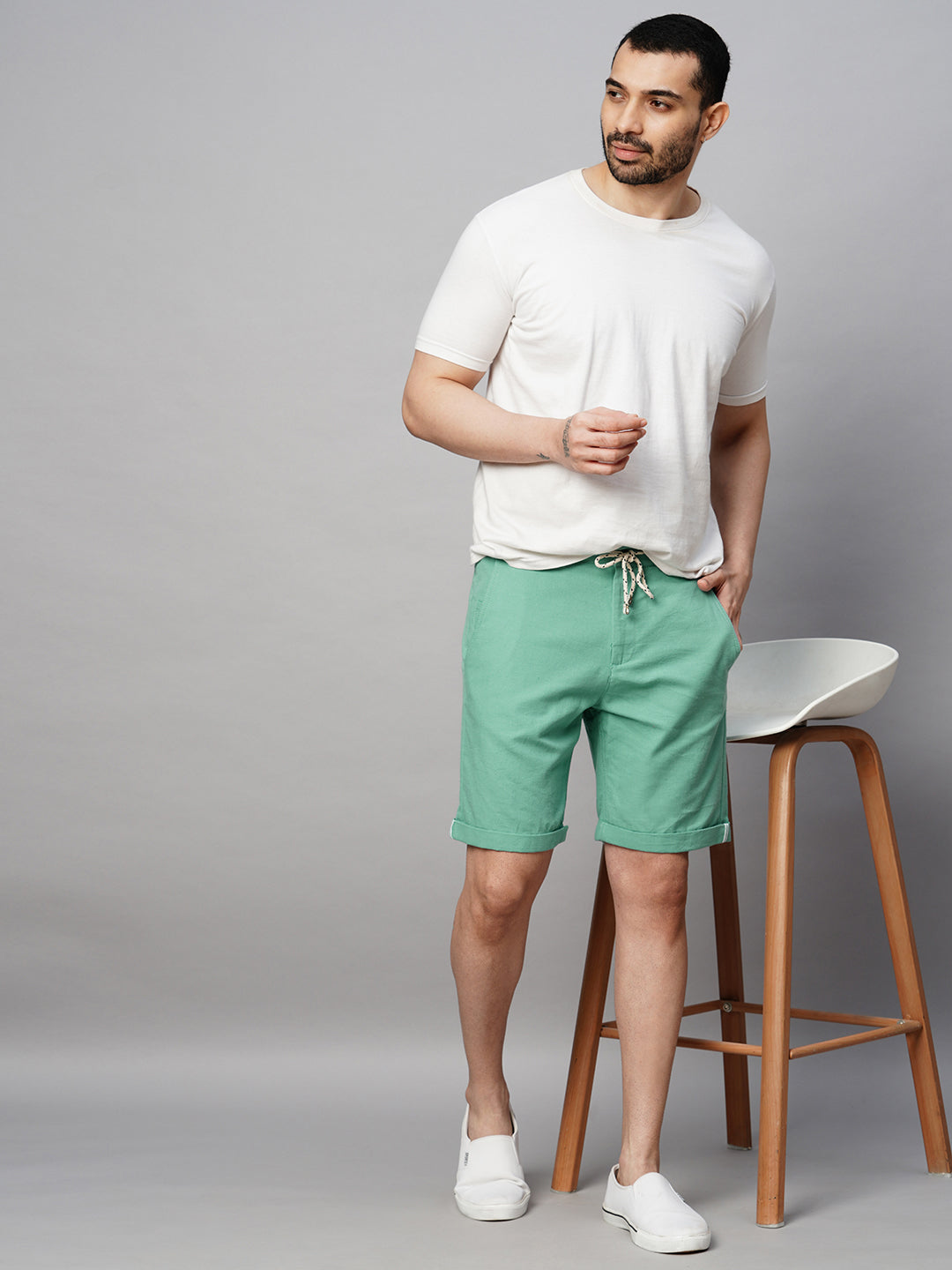 Men's Green Cotton Linen Regular Fit Shorts