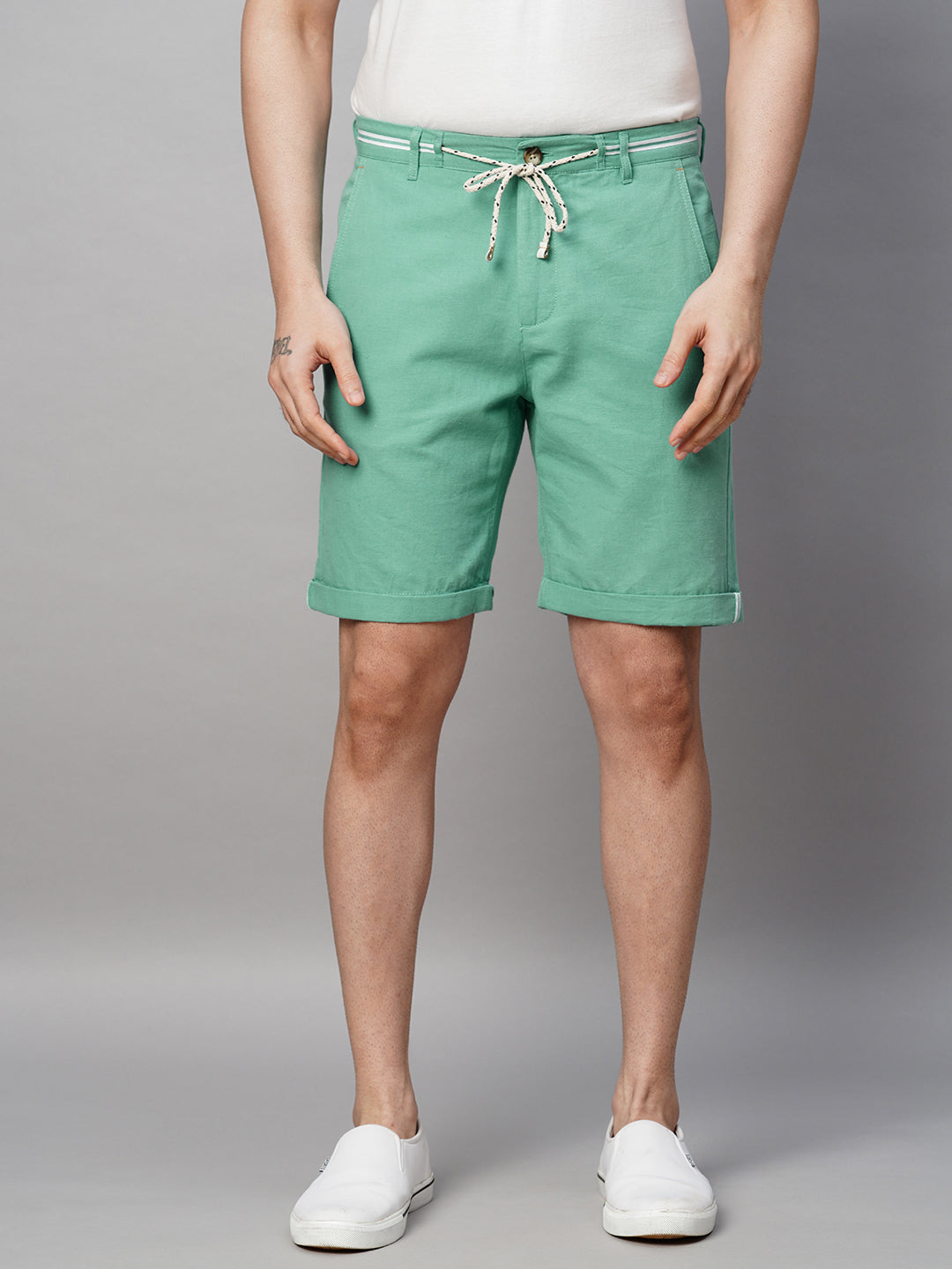 Men's Green Cotton Linen Regular Fit Shorts