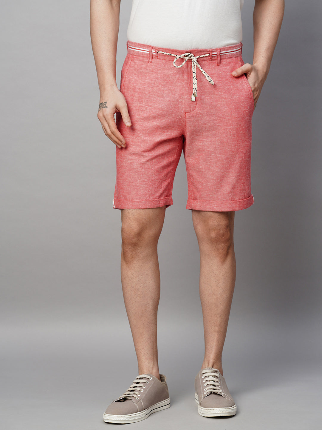 Men's Red Cotton Linen Regular Fit Shorts