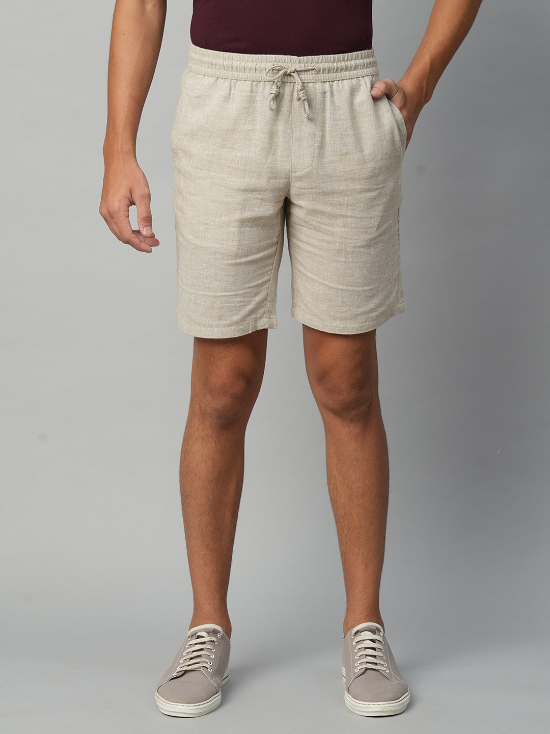 Men's Beige Cotton Linen Regular Fit Drawstring Shorts