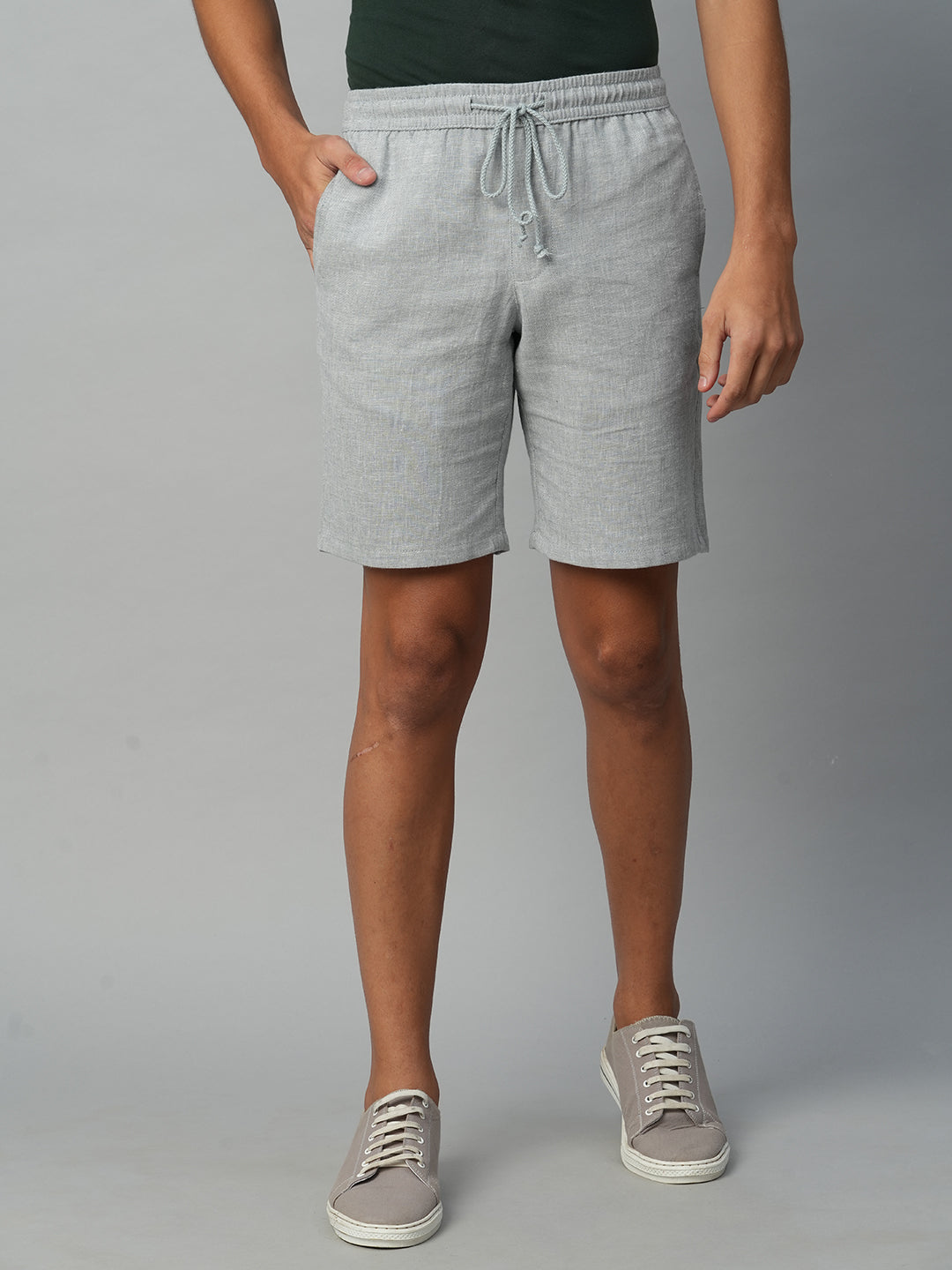 Men's Grey Linen Regular Fit Drawstring Shorts