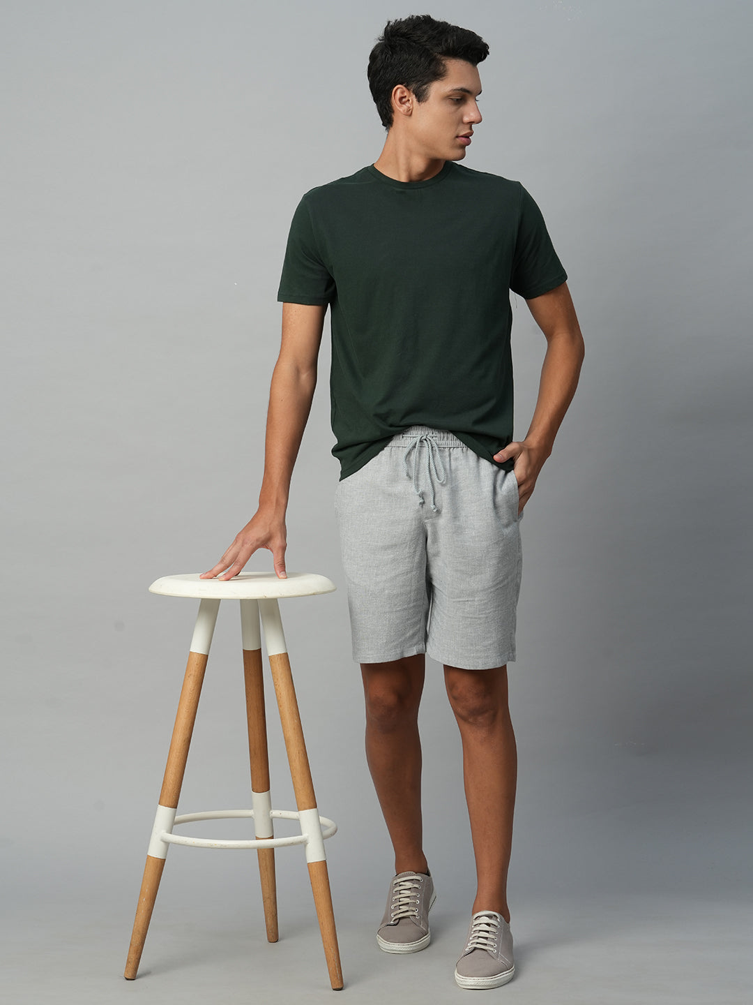 Men's Grey Linen Regular Fit Drawstring Shorts