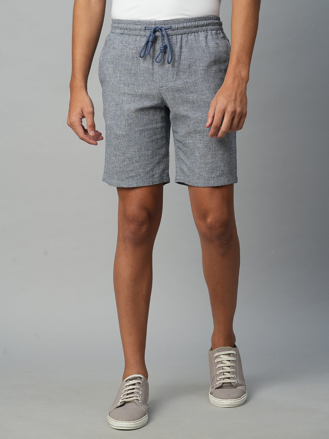 Men's Navy Cotton Linen Regular Fit Drawstring Shorts