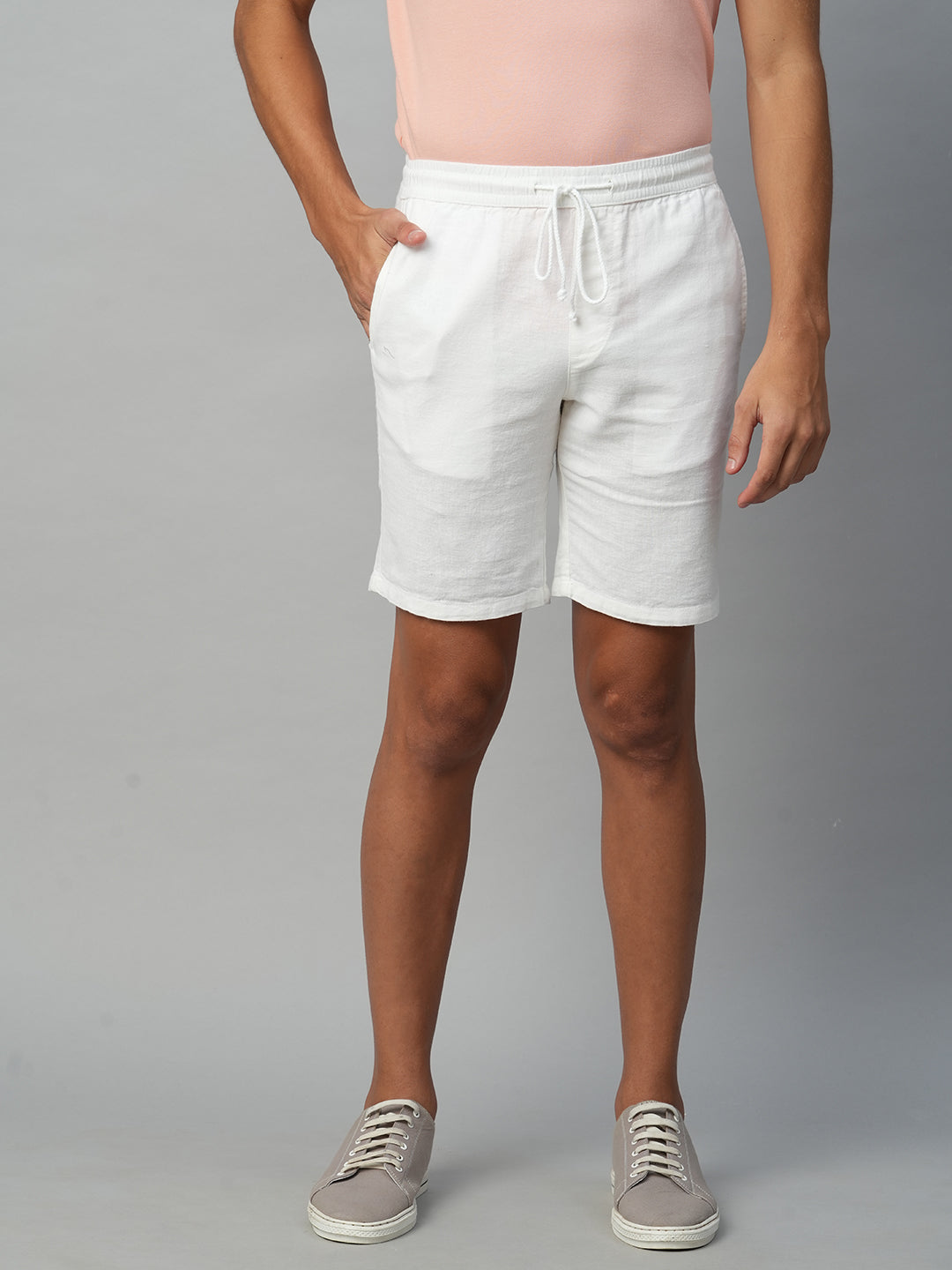 Men's White Linen Regular Fit Drawstring Shorts