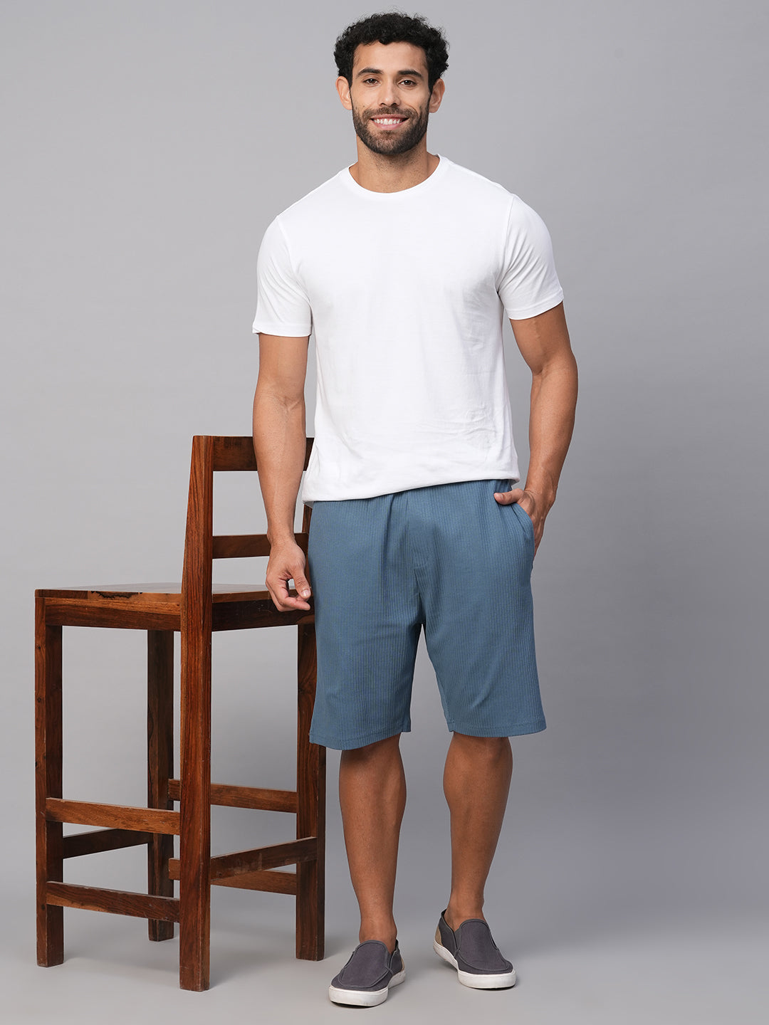 Men's Blue Cotton Elastane Regular Fit Shorts