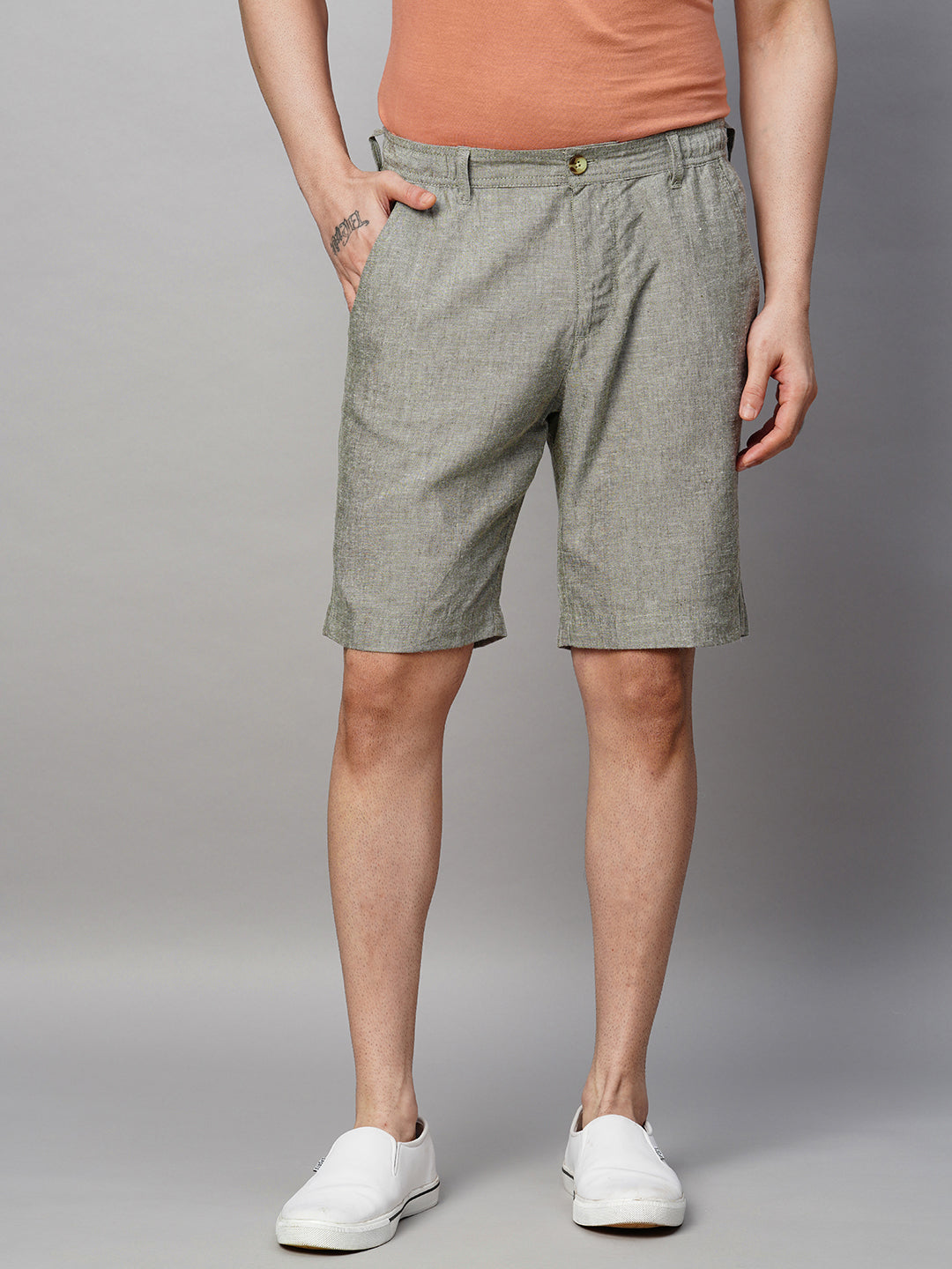 Men's Green Linen Blend Regular Fit Side Elastic Shorts
