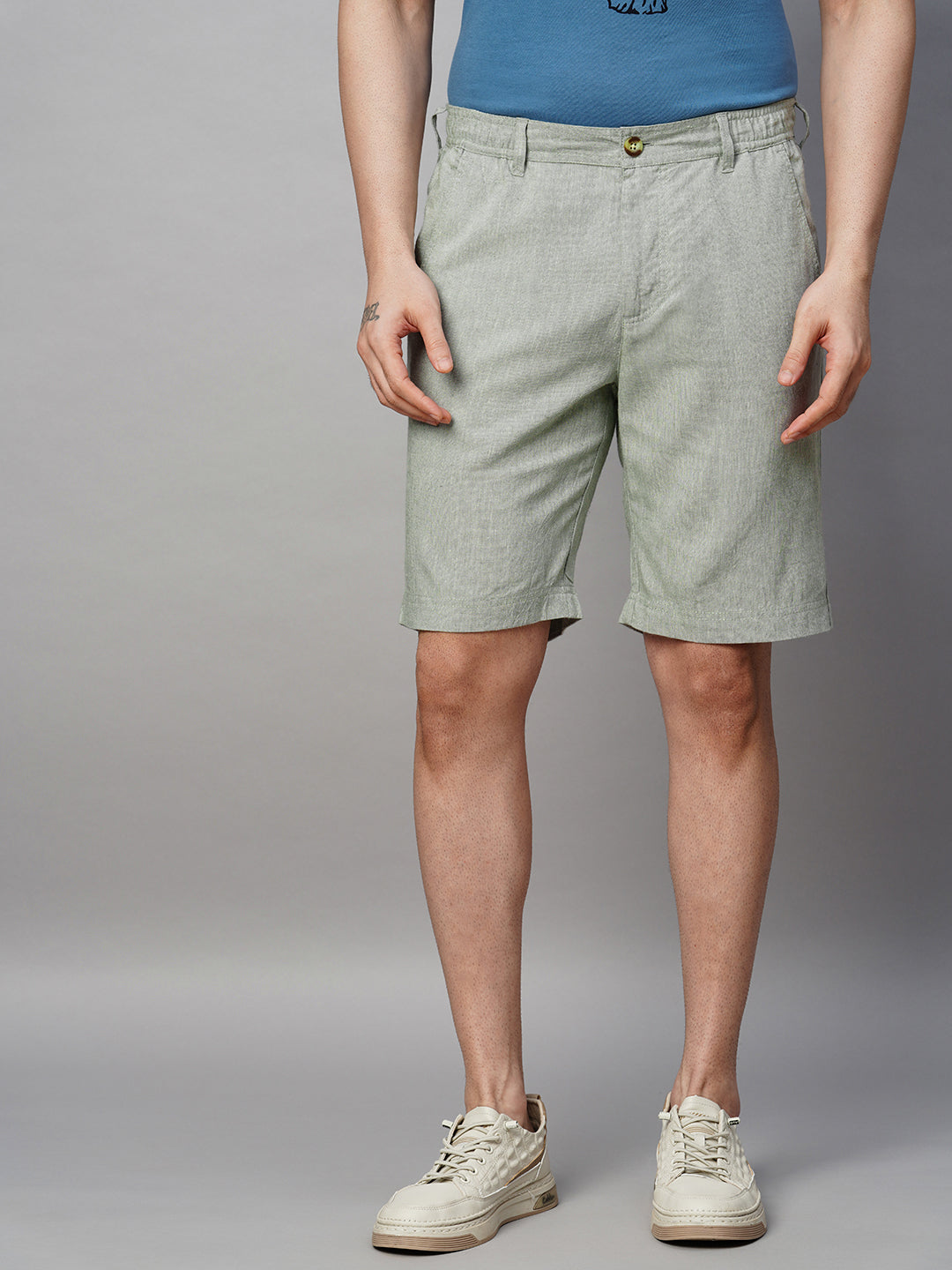 Men's Natural Linen Blend Regular Fit Side Elastic Shorts
