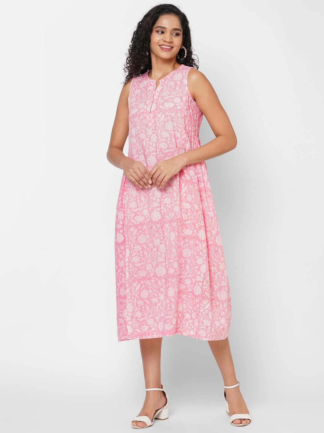 Women's Pink Cambric Regular Fit Dress