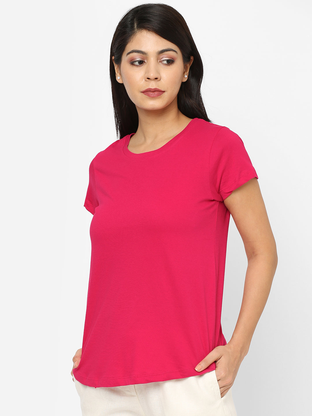 Womens Deep Pink Cotton Regular Fit Tshirt