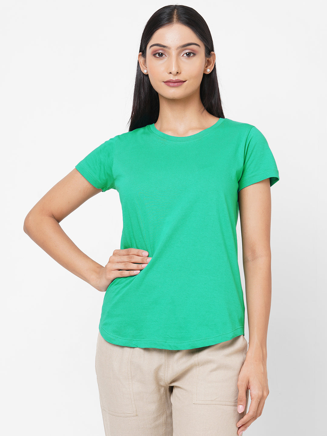 Womens Green Cotton Regular Fit Tshirt