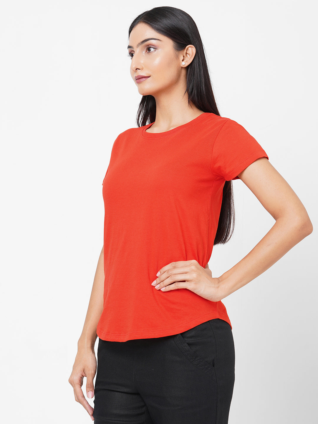 Womens Red Cotton Regular Fit Tshirt