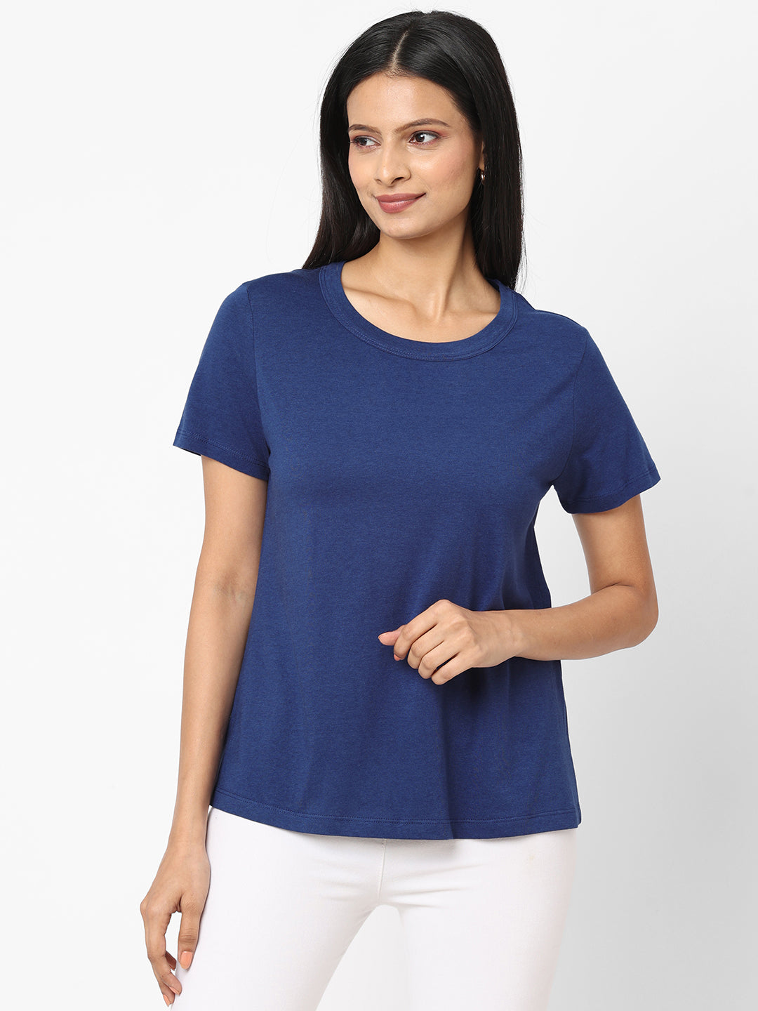 Womens Blue Cotton Modal Regular Fit Tshirt