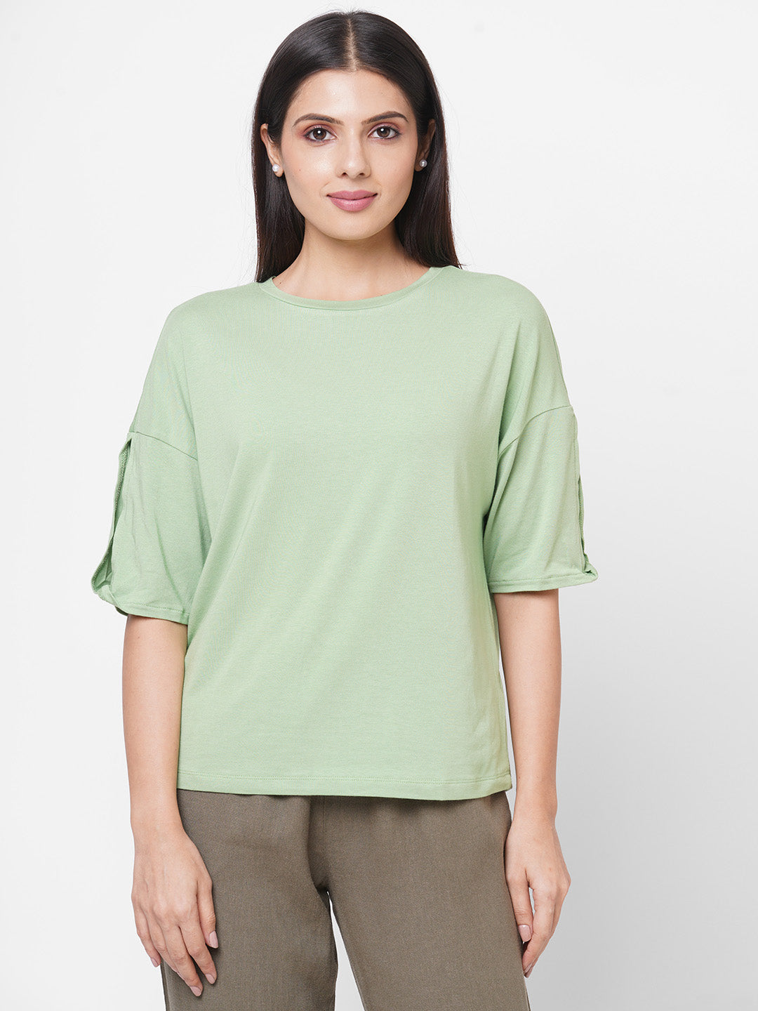 Womens Green Cotton Bamboo Elastane Regular Fit Tshirt