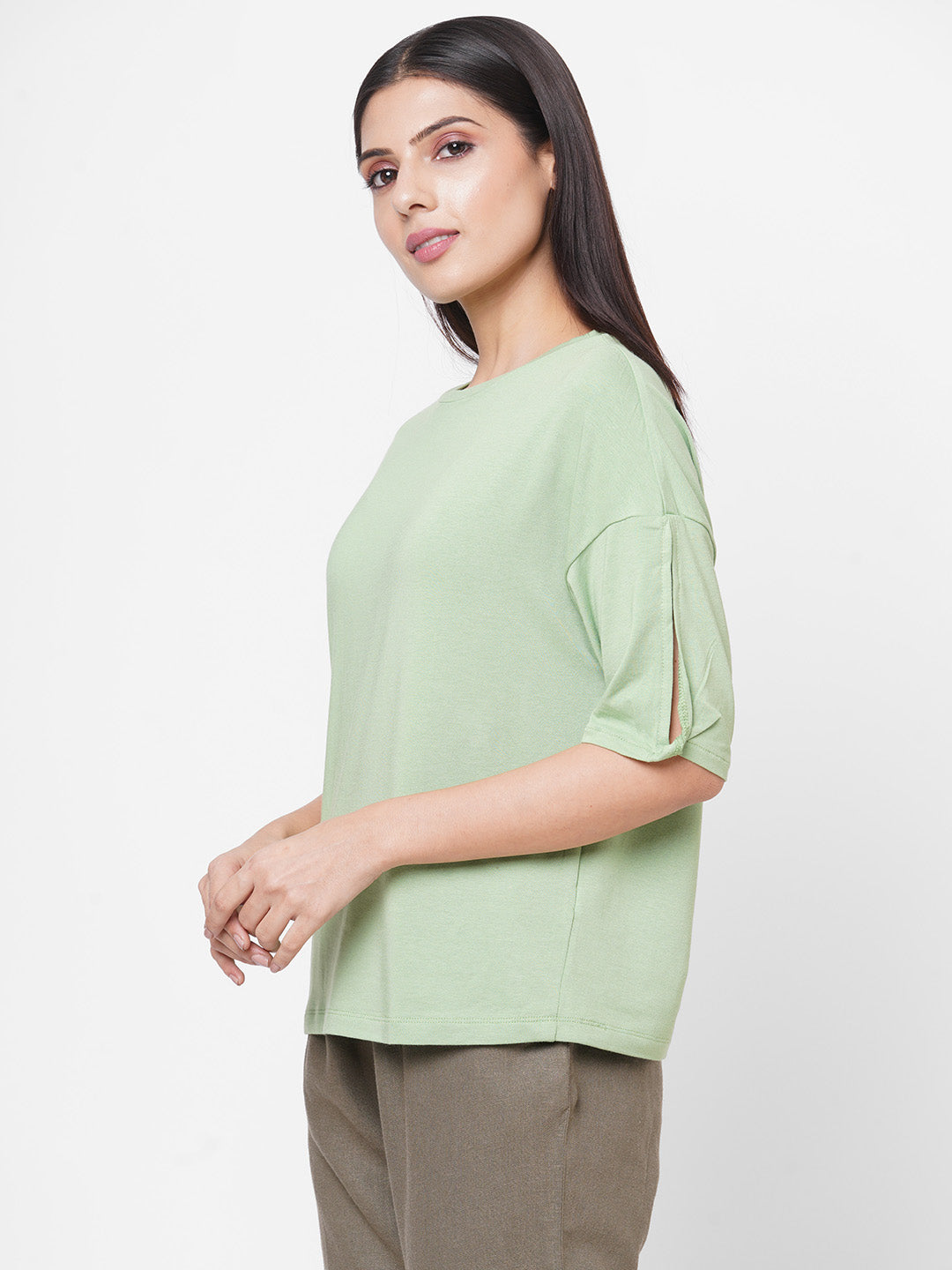 Womens Green Cotton Bamboo Elastane Regular Fit Tshirt