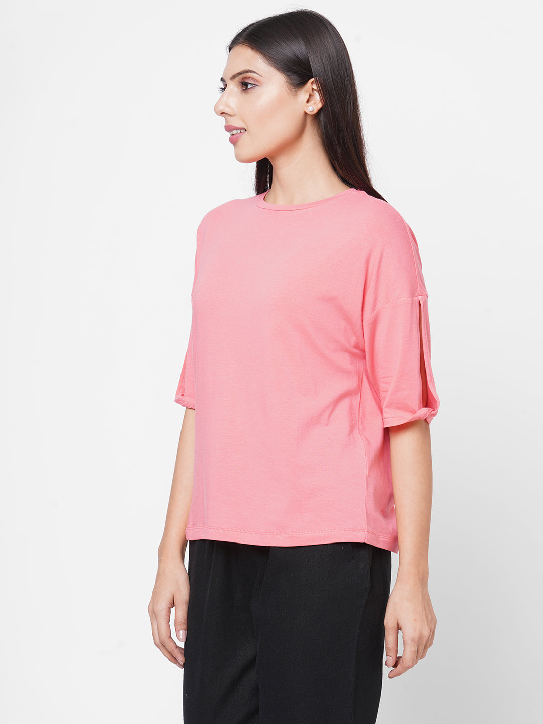 Womens Pink Cotton Bamboo Elastane Regular Fit Tshirt