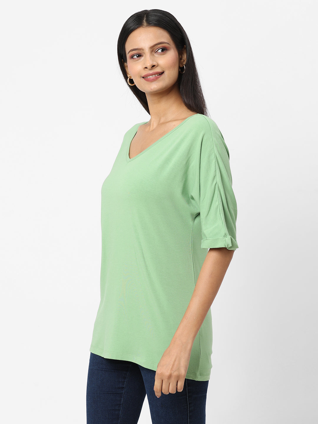 Womens Green Cotton Bamboo Elastane Loose Fit Tshirt
