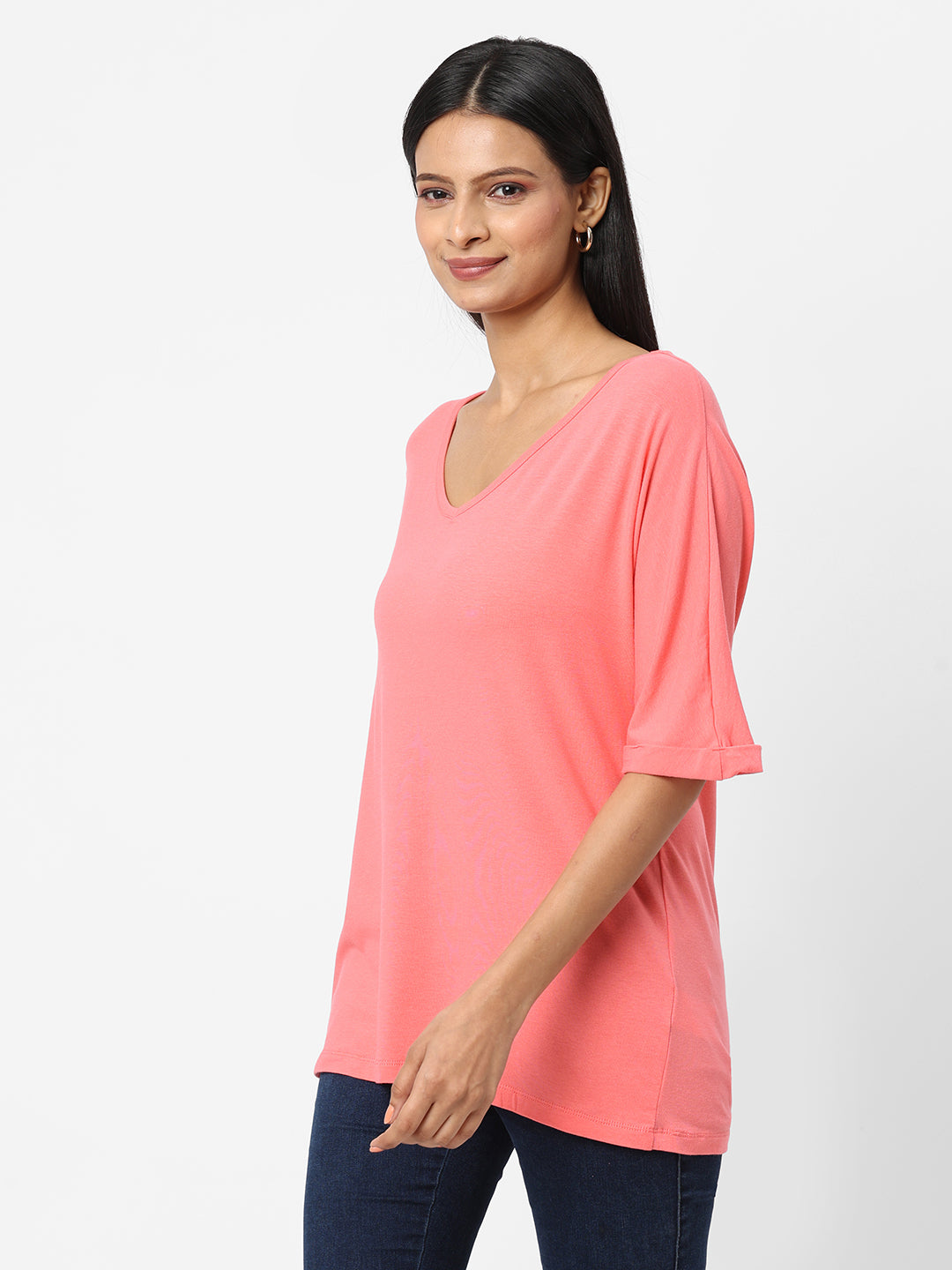 Womens Pink Cotton Bamboo Elastane Loose Fit Tshirt