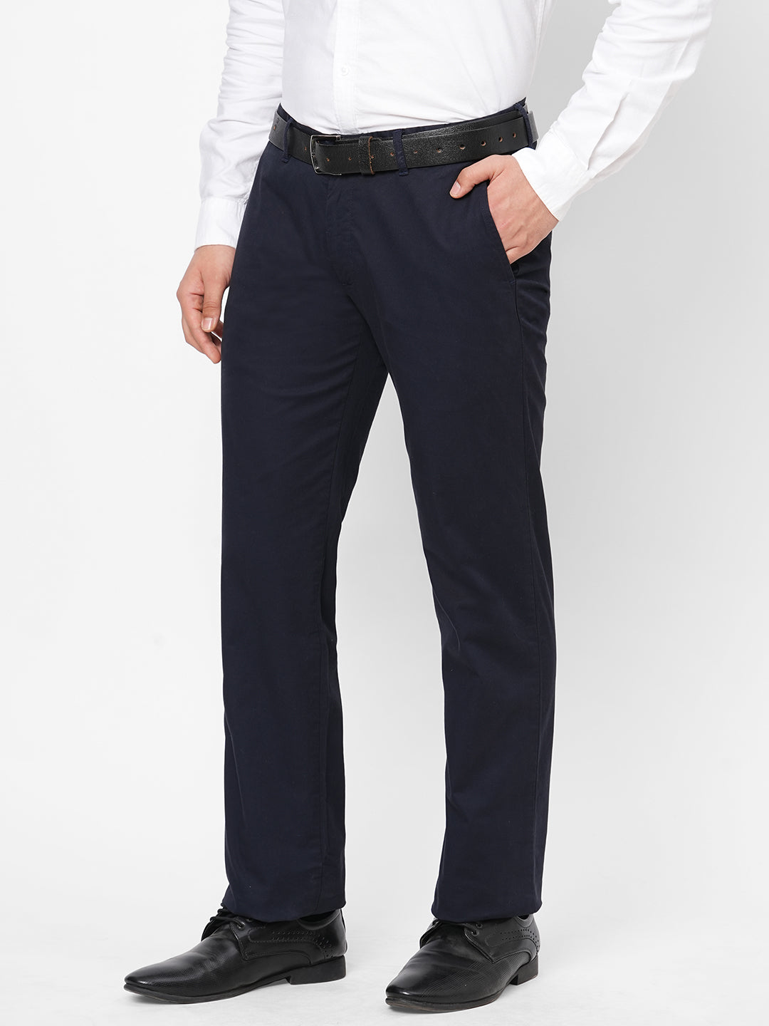 Men's Navy Cotton Lycra Regular Fit Pant