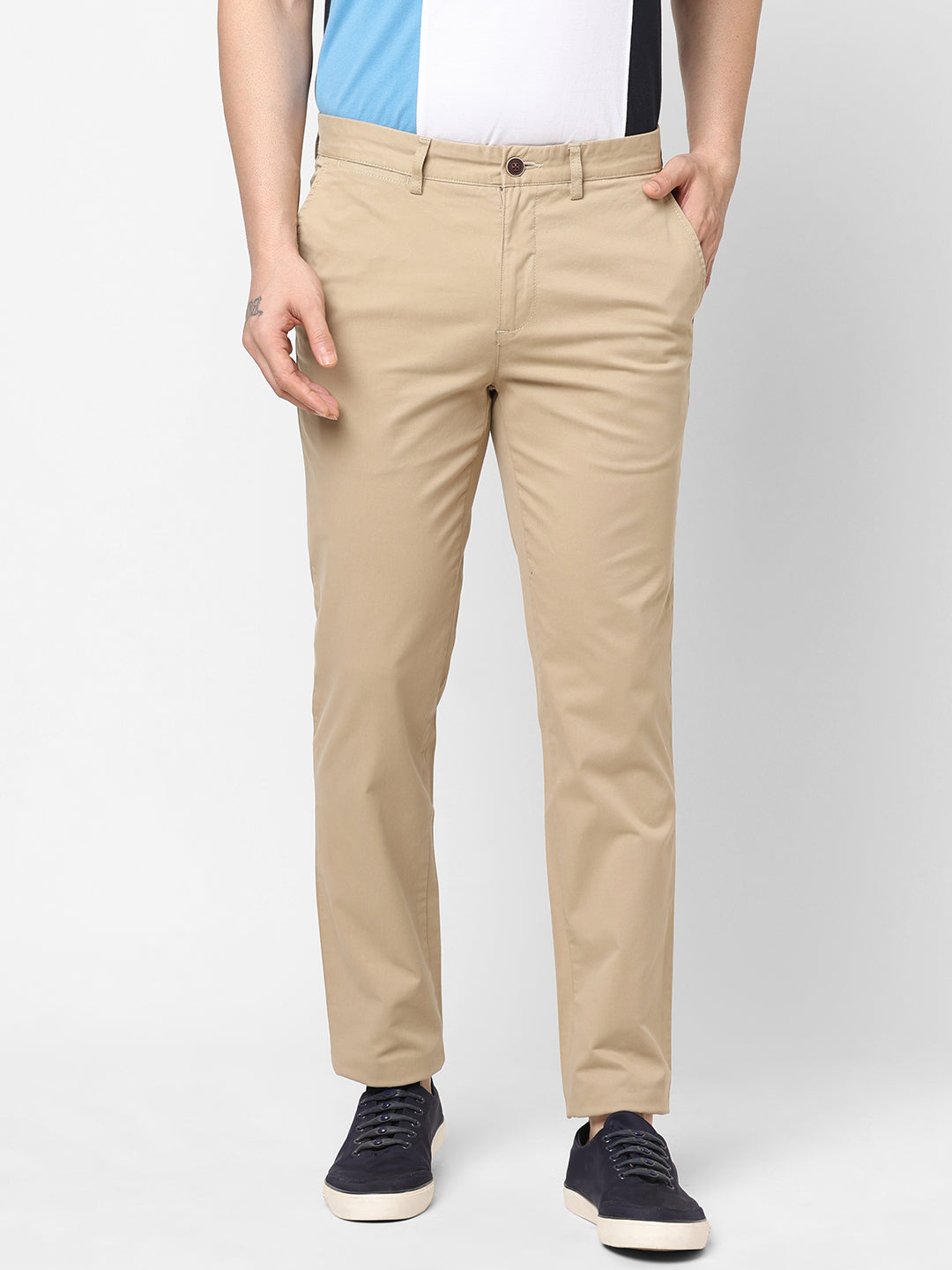 Men's Khaki Cotton Lycra Slim Fit Pant