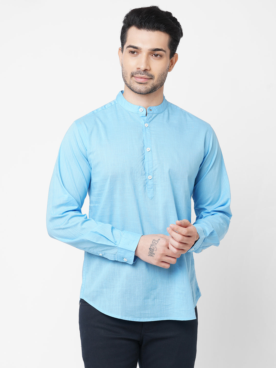 Men's Sky Cotton Regular Fit Mandarin Collar Kurta Shirt