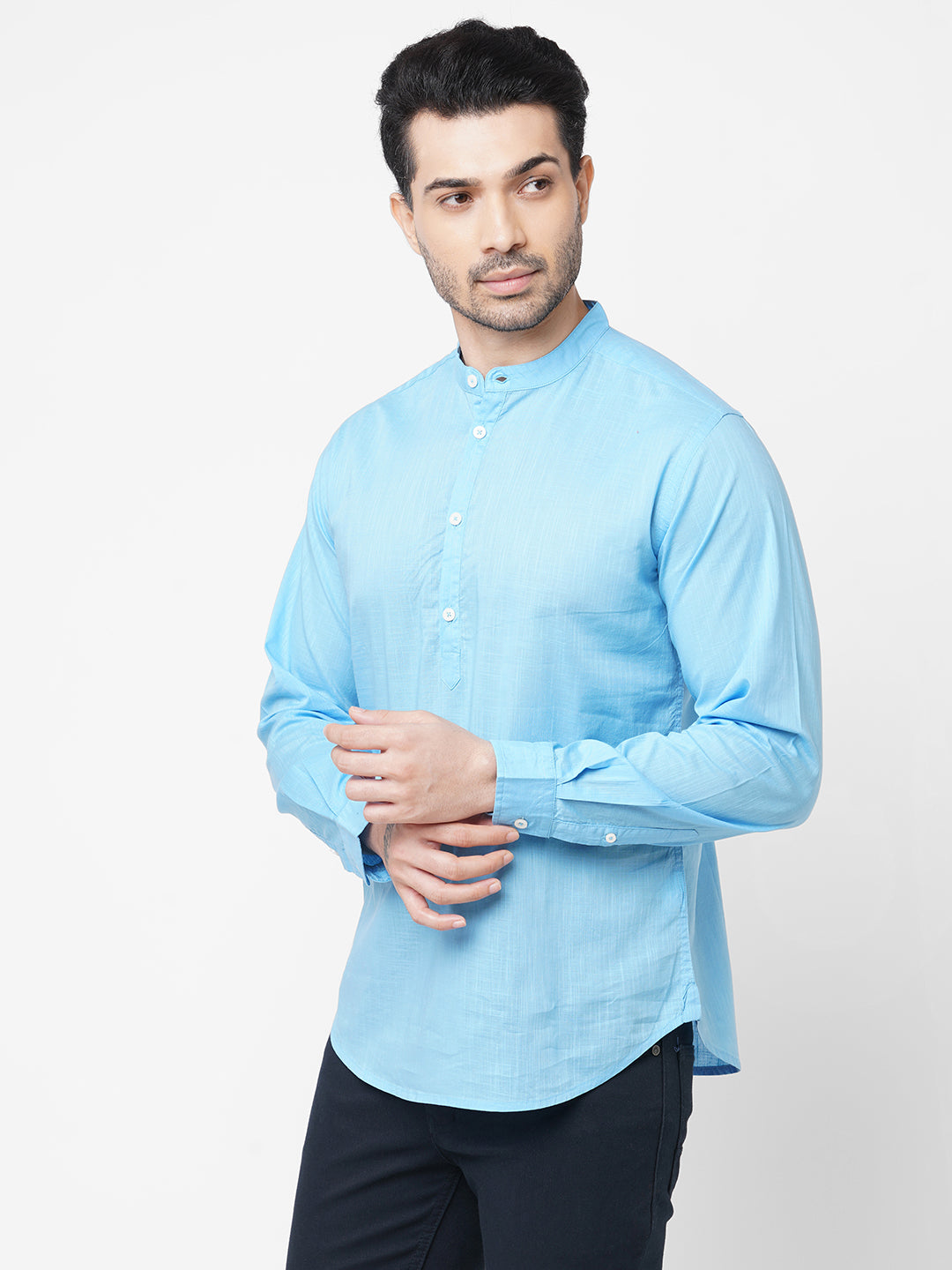 Men's Sky Cotton Regular Fit Mandarin Collar Kurta Shirt