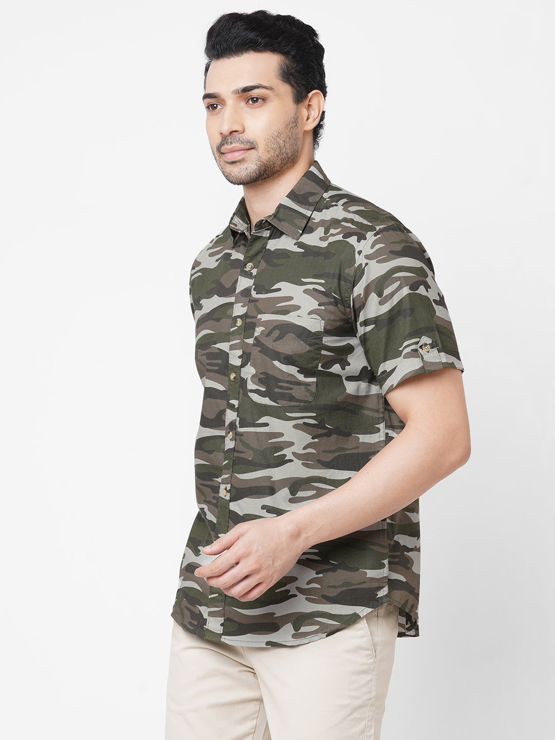 Men's Olive Cotton Camo Printed Regular Fit Short Sleeve Printed Shirt