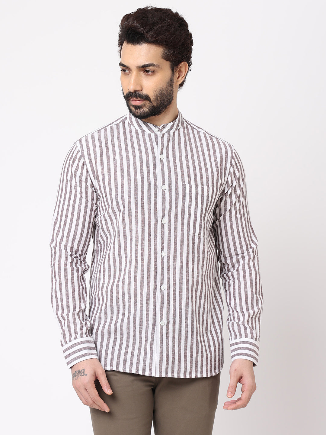 Men's Brown Linen Cotton Regular Fit Kurta Striped Shirt