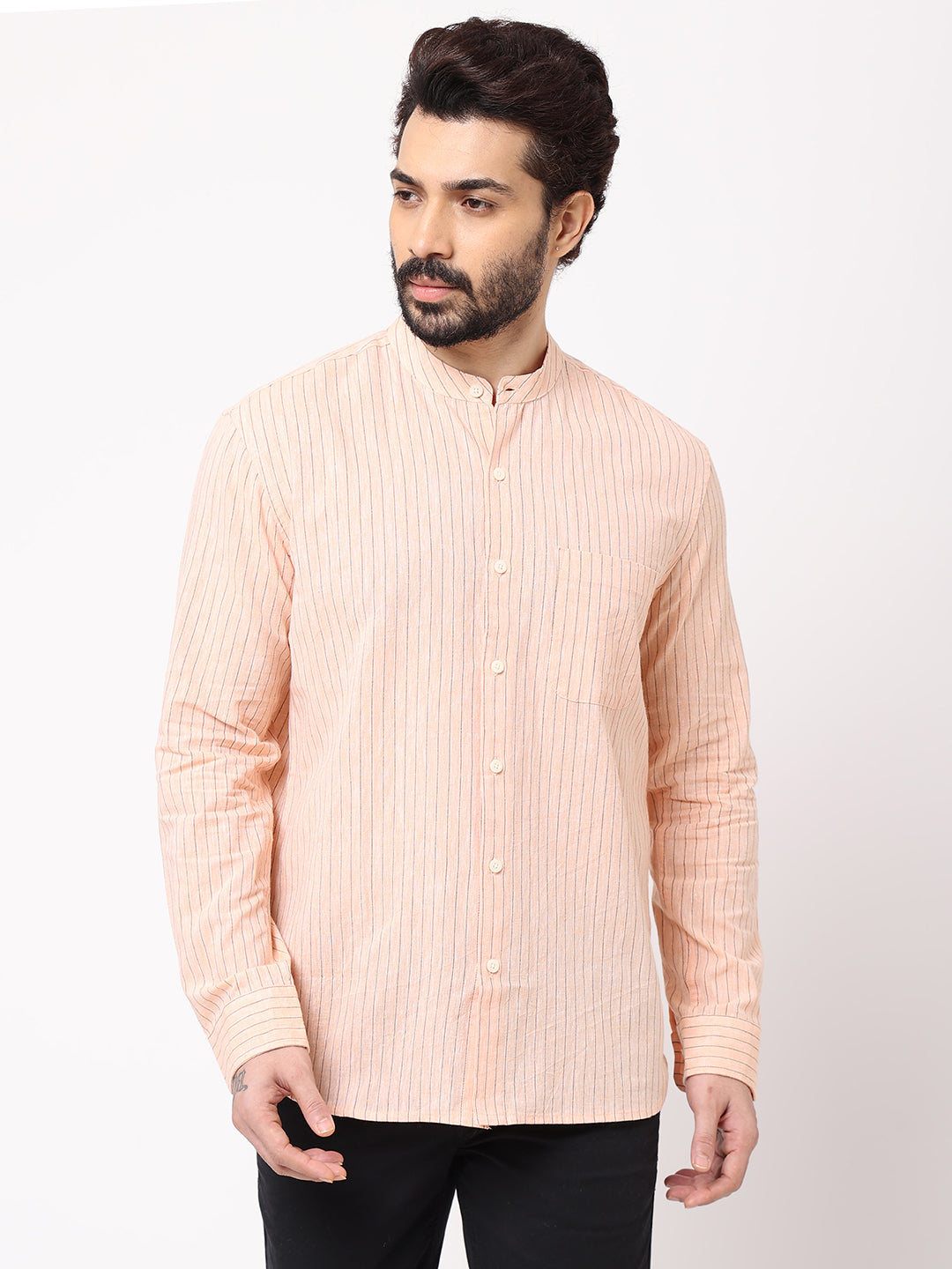 Men's Orange Linen Cotton Regular Fit Kurta Striped Shirt
