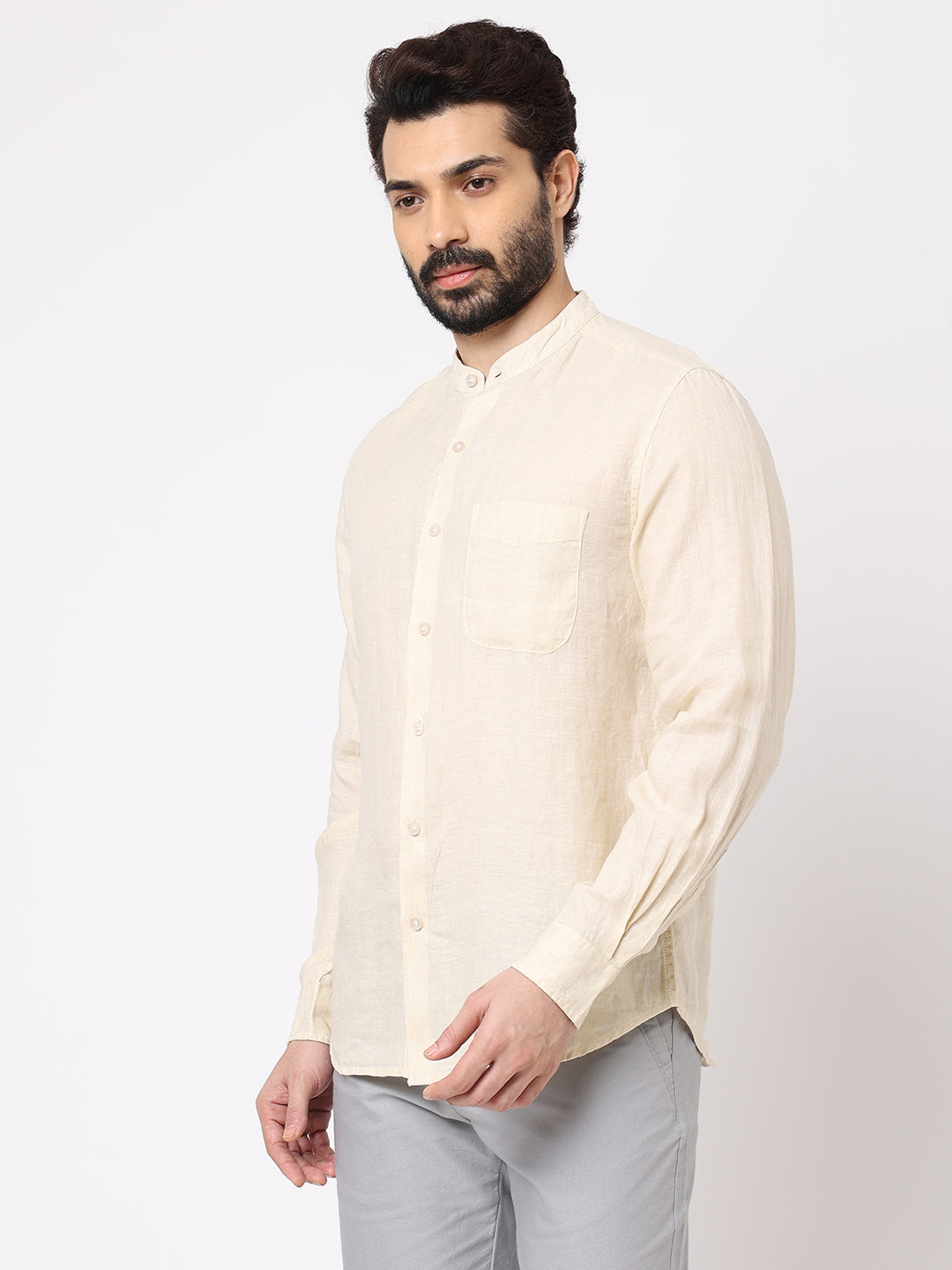 Men's Natural 100% Linen Long Sleeve Band Collar Regular Fit Shirt