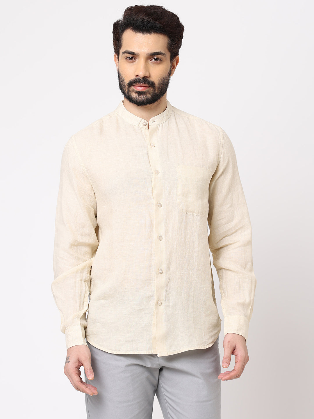 Men's Natural 100% Linen Long Sleeve Band Collar Regular Fit Shirt
