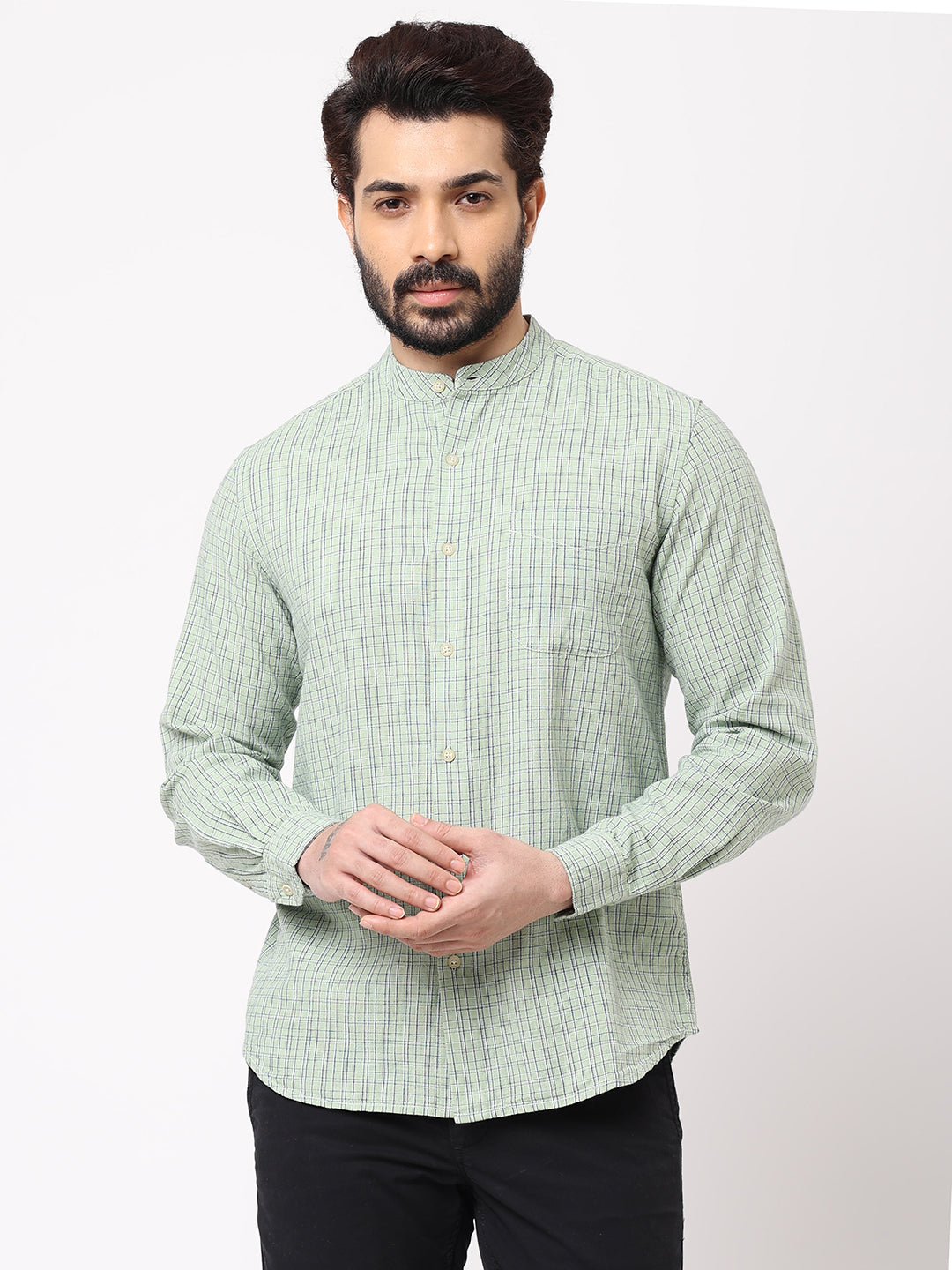 Men's Green Cotton Regular Fit Kurta Checked Shirt