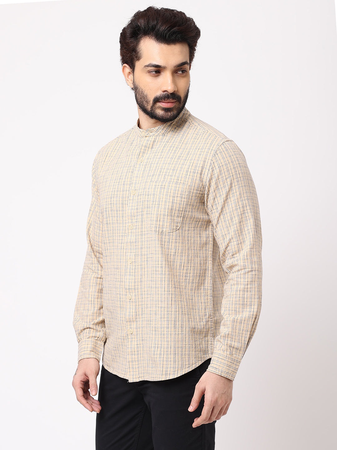 Men's Sand Cotton Regular Fit Checked Kurta Shirt