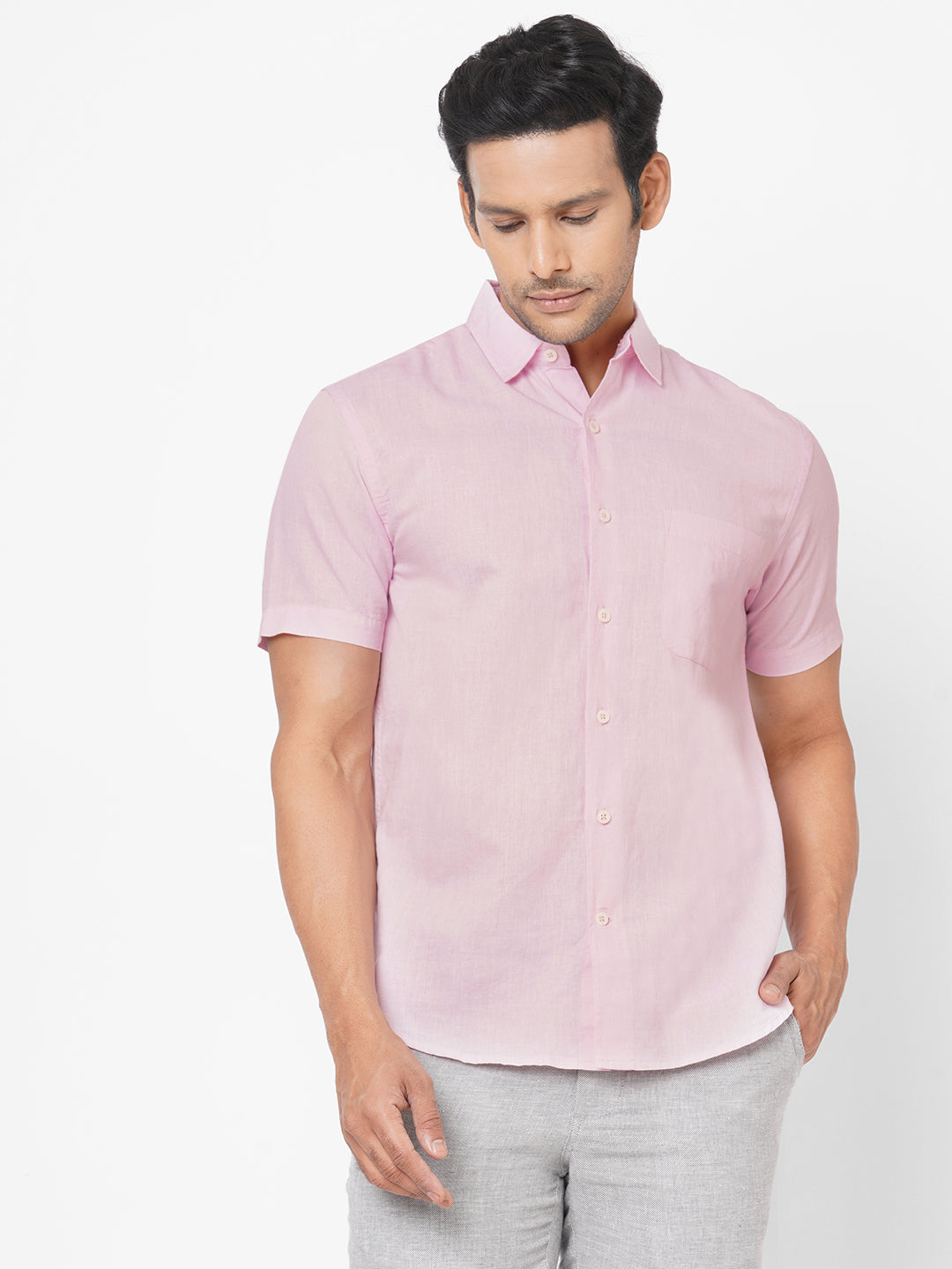 Men's Pink Linen Cotton Regular Fit Short Sleeve Shirt