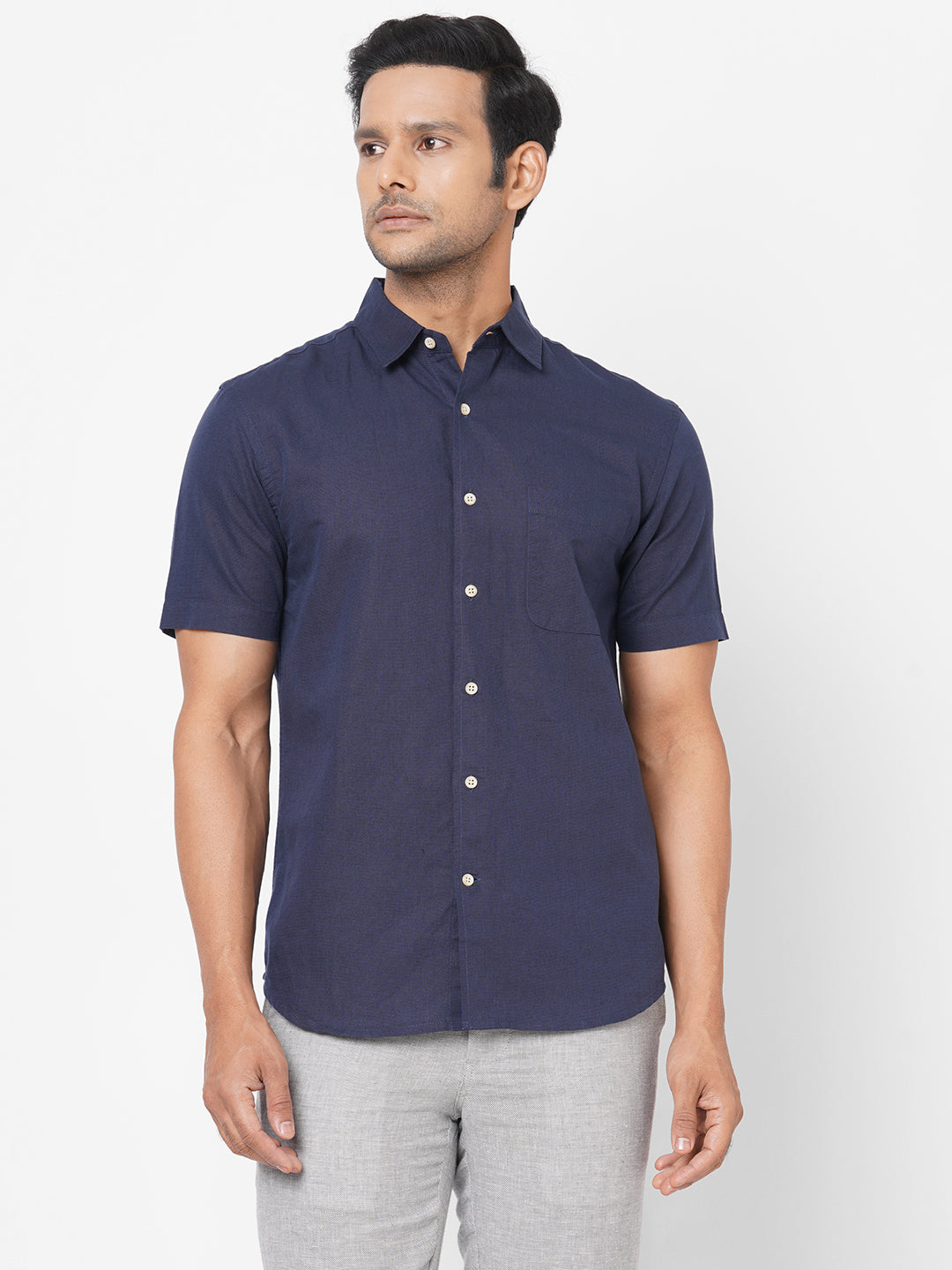Men's Navy Linen Cotton Regular Fit Short Sleeve Shirt