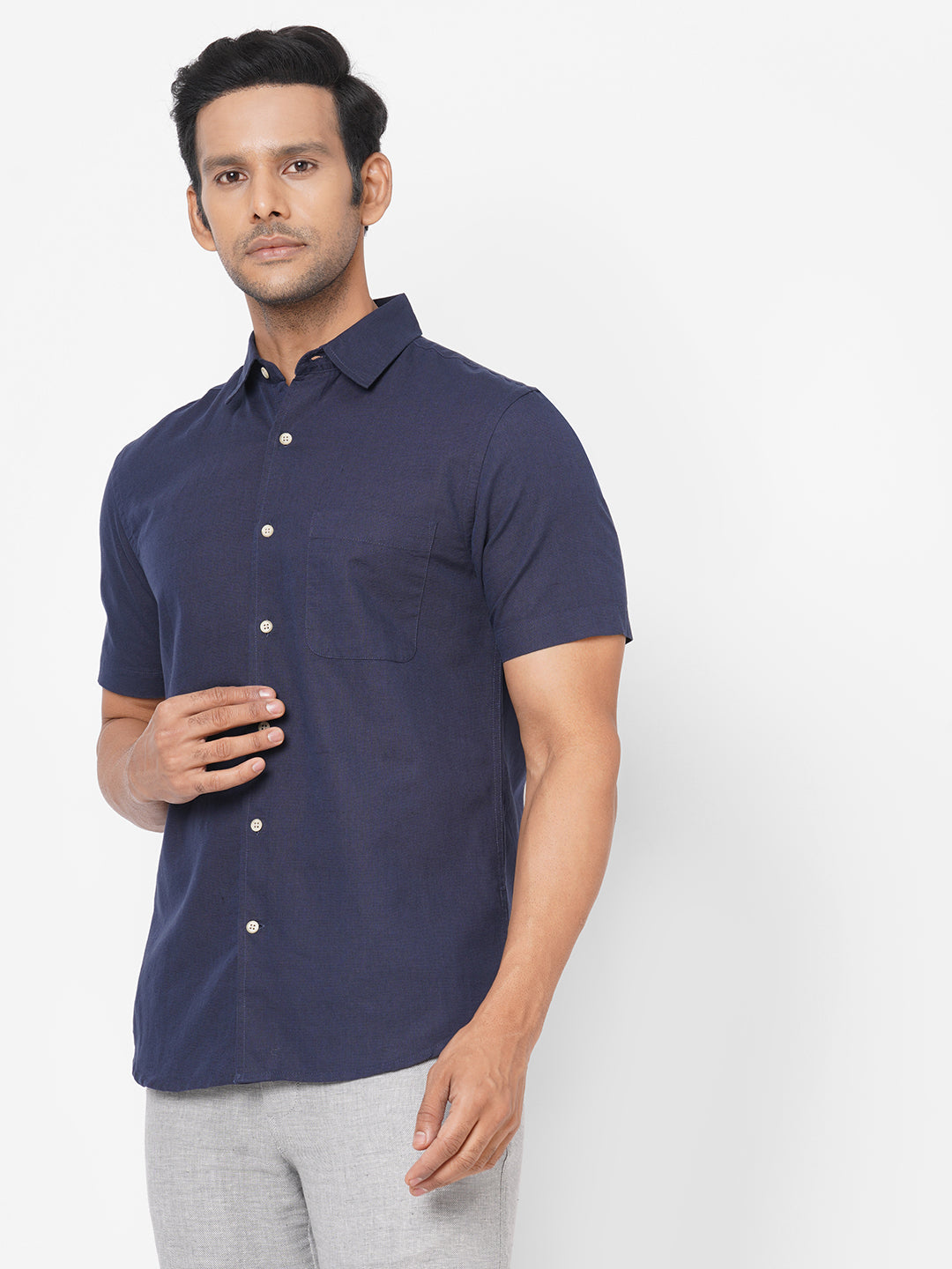 Men's Navy Linen Cotton Regular Fit Short Sleeve Shirt