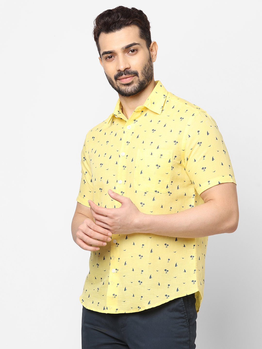 Men's Yellow Linen Cotton Regular Fit Printed Shirt