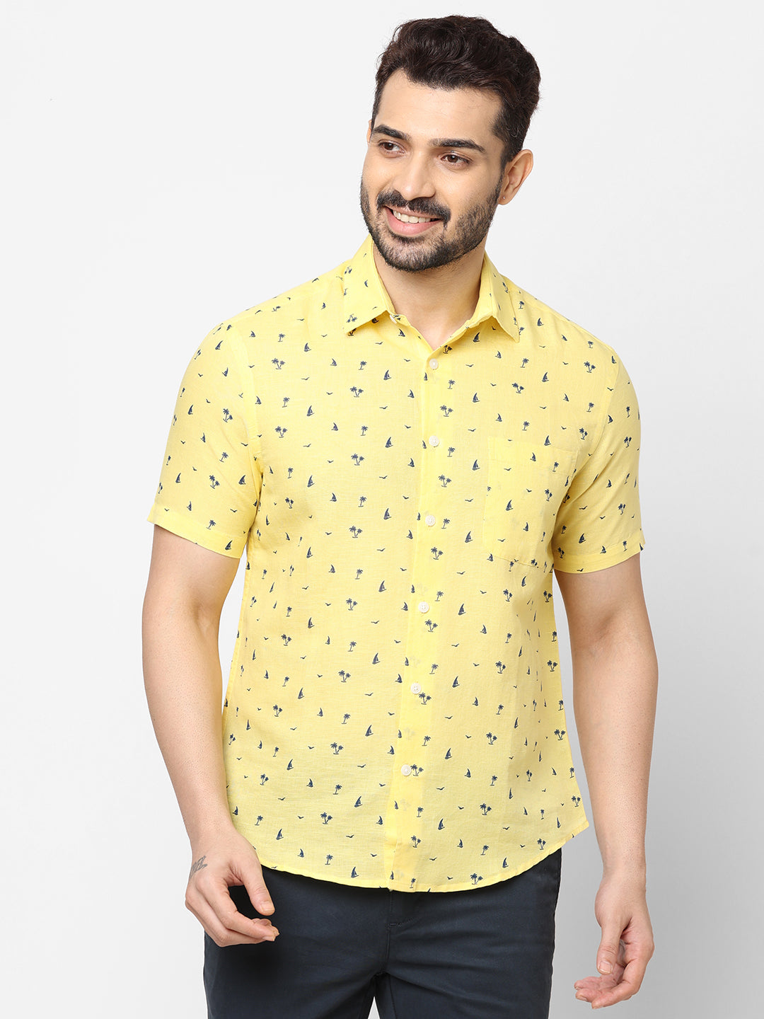 Men's Yellow Linen Cotton Regular Fit Printed Shirt