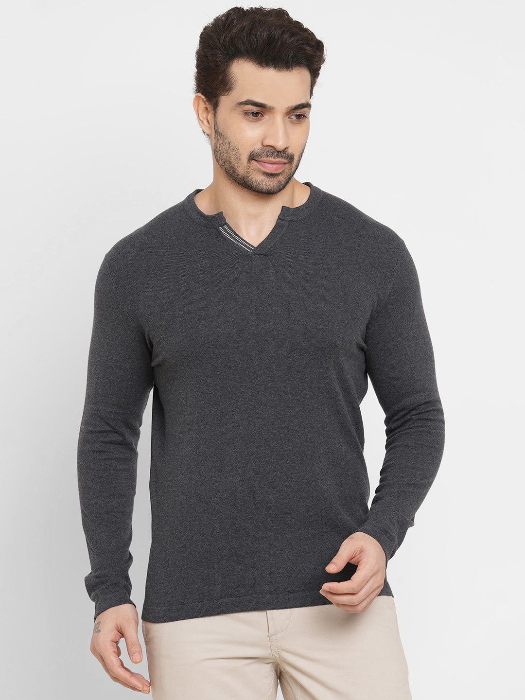 Men's Grey Cotton Blend Regular Fit long sleeved Tshirt