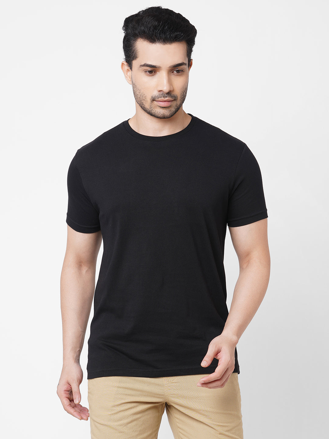 Men's Black 100% Cotton Crew Neck Regular Fit T-Shirt
