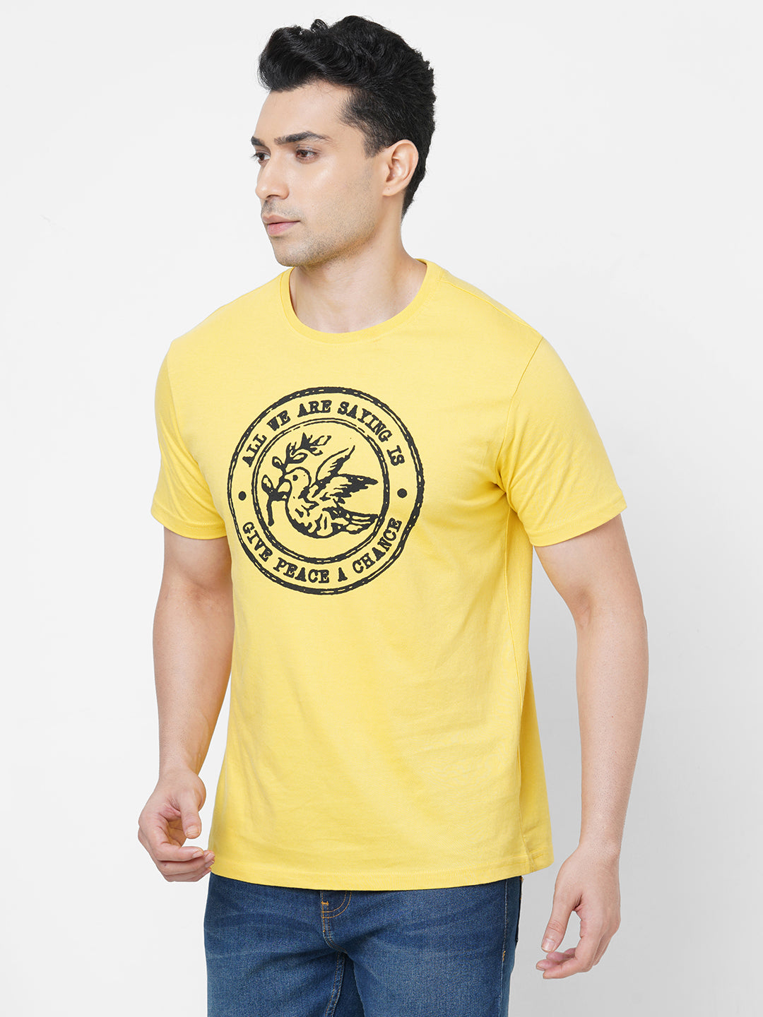 Mens Yellow Cotton Regular Fit Tshirt